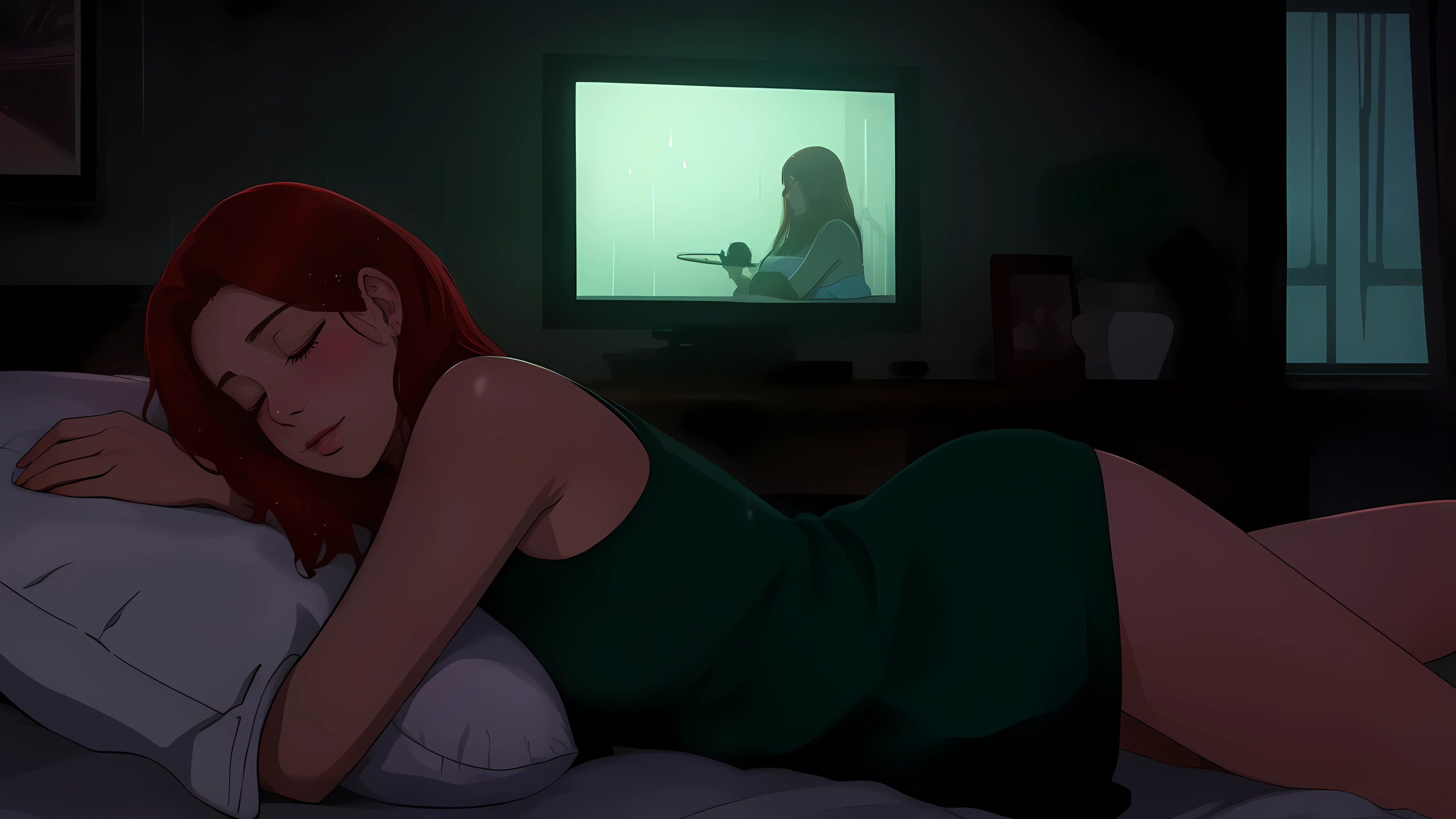 "A cozy and cinematic bedroom with a dark, rainy atmosphere. The room is illuminated by moody neon lights in shades of deep purple and soft green, casting a mysterious and calming glow on the walls. A woman with short auburn red hair is lying on her back on the bed, her body in a natural, relaxed position. Her arms are resting by her sides, and her head is comfortably placed on a soft pillow. Her eyes are gently closed, exuding a sense of peaceful rest. Outside the large glass window, heavy rain pours down, with water droplets streaming across the glass. She is dressed in casual, comfortable clothing, perfectly blending with the tranquil ambiance of the room. A vintage classic TV is playing static or an old movie, adding a nostalgic cinematic touch to the dimly lit space."
