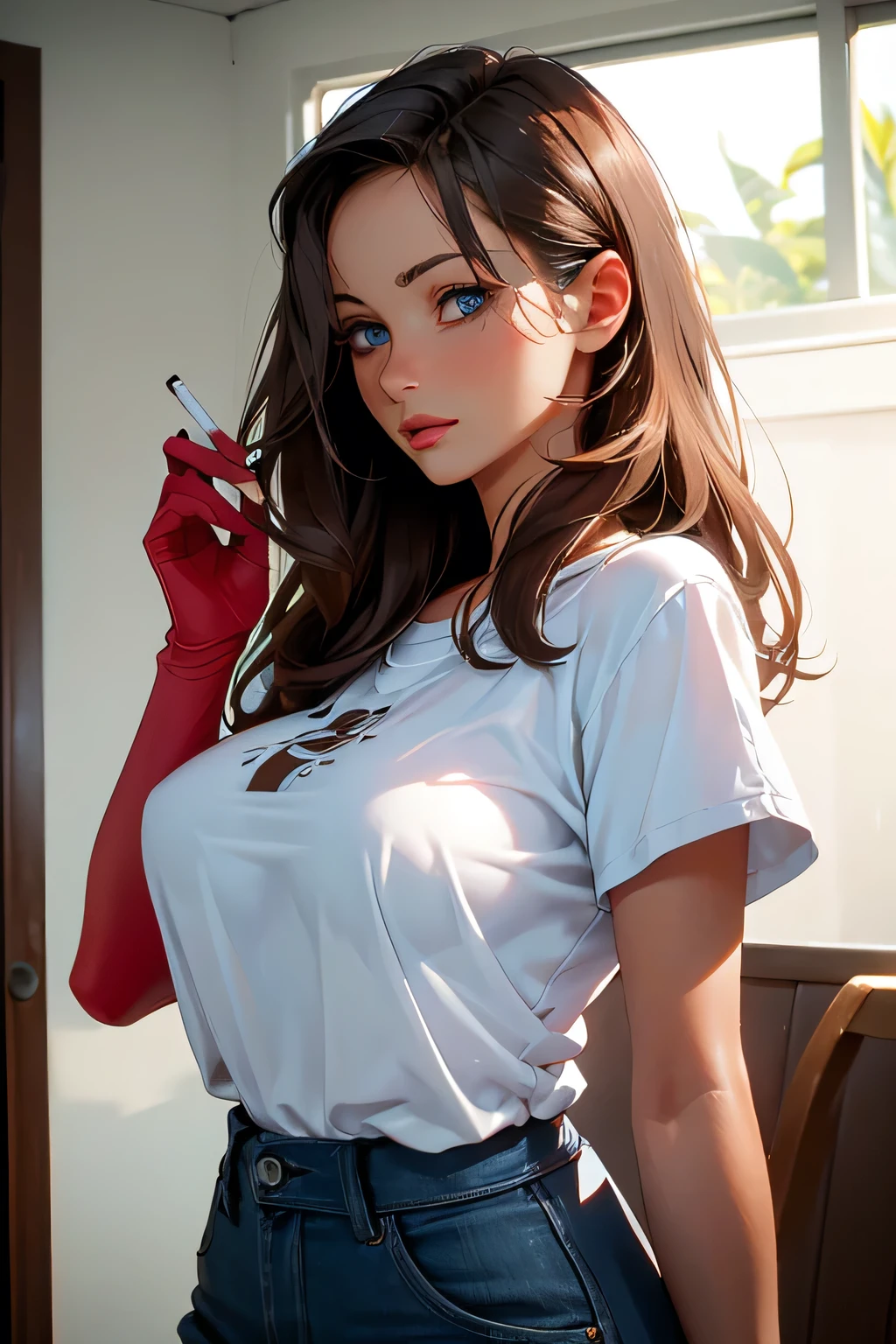 beautiful woman . She is 35 years old . She's a drug addict . cigarette in hand . height 180 centimeters . Breast size 3 . blue eyes . brown-haired .