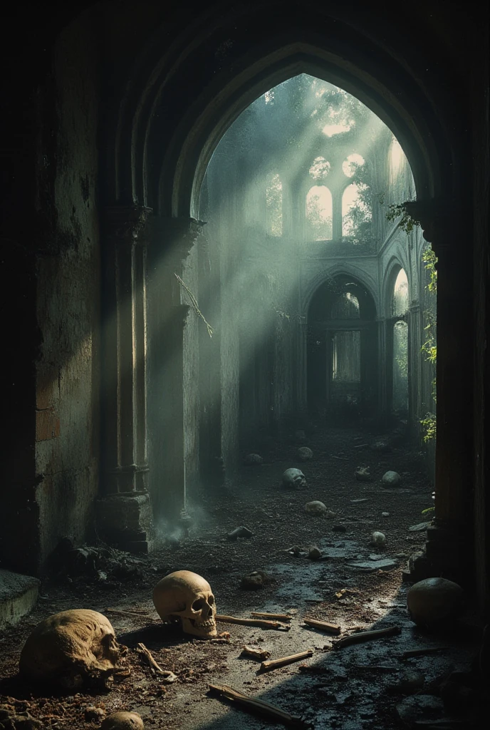 a ruined church. Slanted light, specks of dust, skulls and bones. The scene creates a macabre haunting atmosphere, blending elements of DARK fantasy and gothic horror.