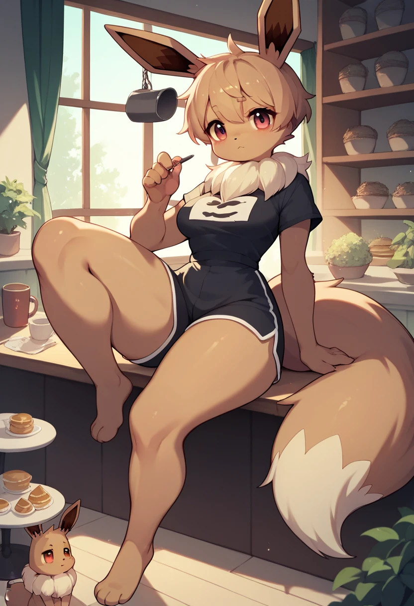 Anime style Eevee furry sexy hot woman,(medium breasts) very long huge legs, in the Café rooms. 