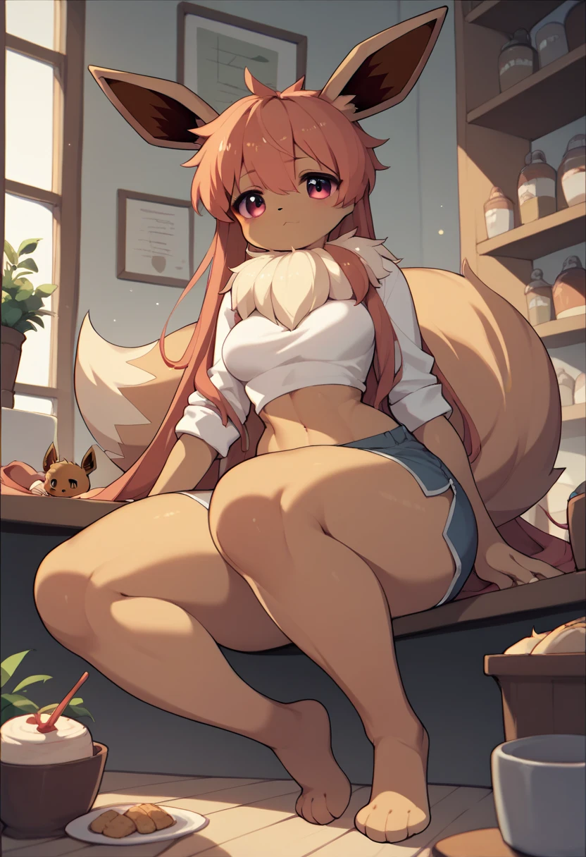 Anime style Eevee furry sexy hot woman,(medium breasts) very long huge legs, in the Café rooms. 