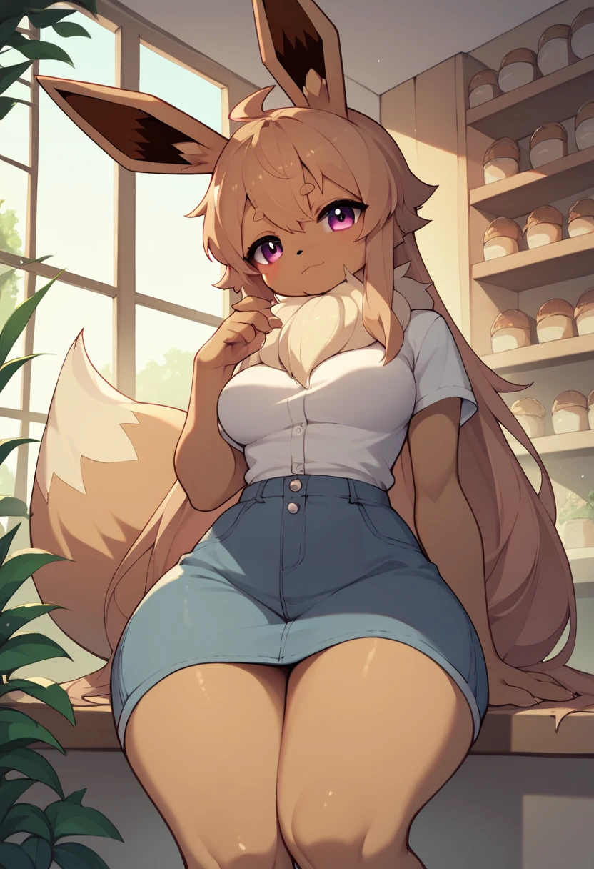 Anime style Eevee furry sexy hot woman,(medium breasts) very long huge legs, in the Café rooms. 