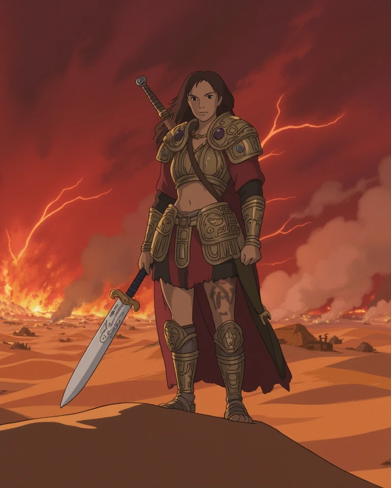 Under a blood-red sky and a shroud of dust storms, a fierce Arabian Bedouin warrior woman stands tall on the crest of a sand dune, her form framed by the distant flicker of lightning. Her bronze skin, marked with ancient tattoos and battle scars, is partially covered by gleaming metal armor plates intricately etched with desert motifs. A massive scimitar rests across her shoulders, its blade gleaming under the darkening sky. Behind her, a smoldering war camp burns in the fading light, but her defiant gaze cuts through the chaos as she prepares for the coming storm.