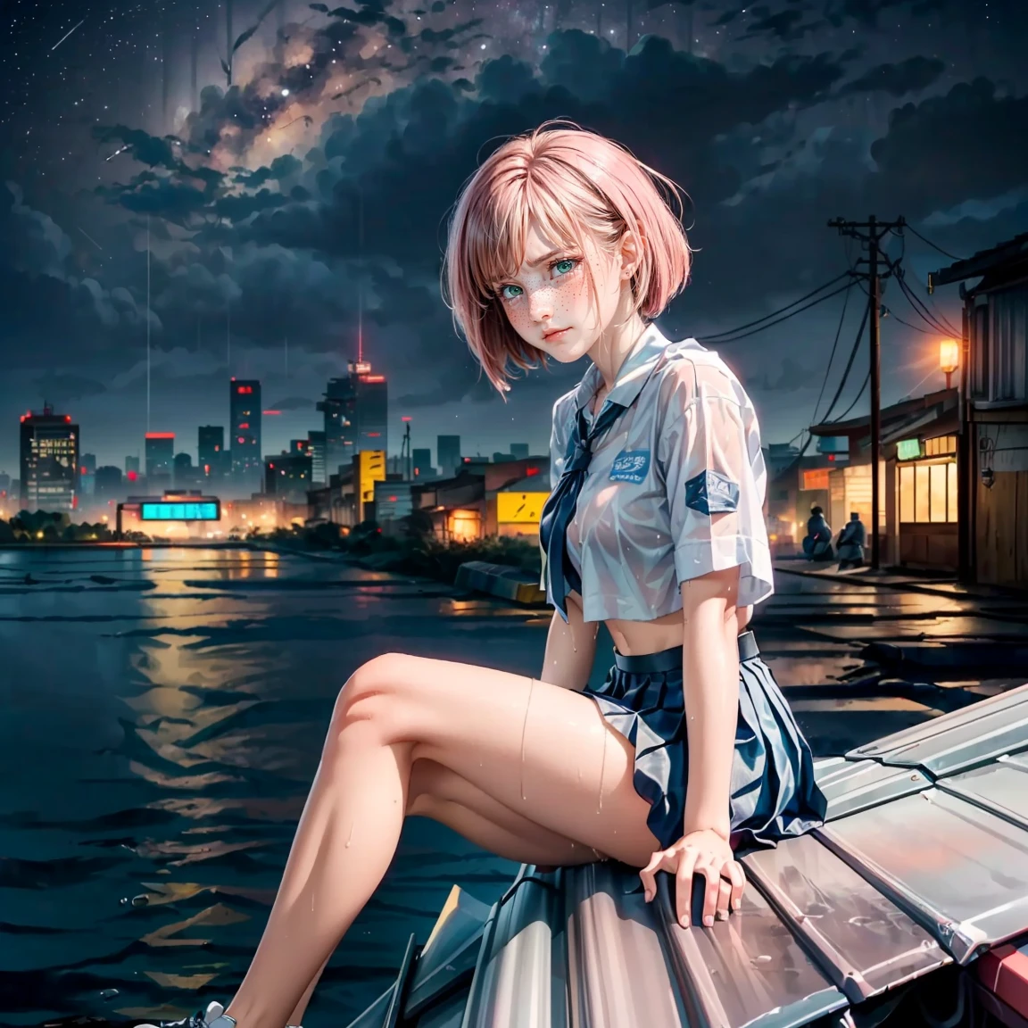 (((Full-length portrait a depressed girl sitting on the edge of zinc roof))), (rain drop:1.3), (white school girl uniform, pleated skirt, sneakers:1.3), (cityscape:1.2), (rainy city:1.3), (the milky way in the sky, beautiful night sky, stars:1.4), (dusk:1.2), (small breasts), photoreal, panoramic anamorphic, looking across the shoulder, (masterpiece), (see through:1.2), (soaking wet:1.1), (sexy, low three-quarter angle shot:1.35), (cyber slums:1.2), (slums town on top:1.36), (cyberpunk 2077), beautiful neon city, (pink hair), multicolored eyes, multicolored hair, (bob cut),
