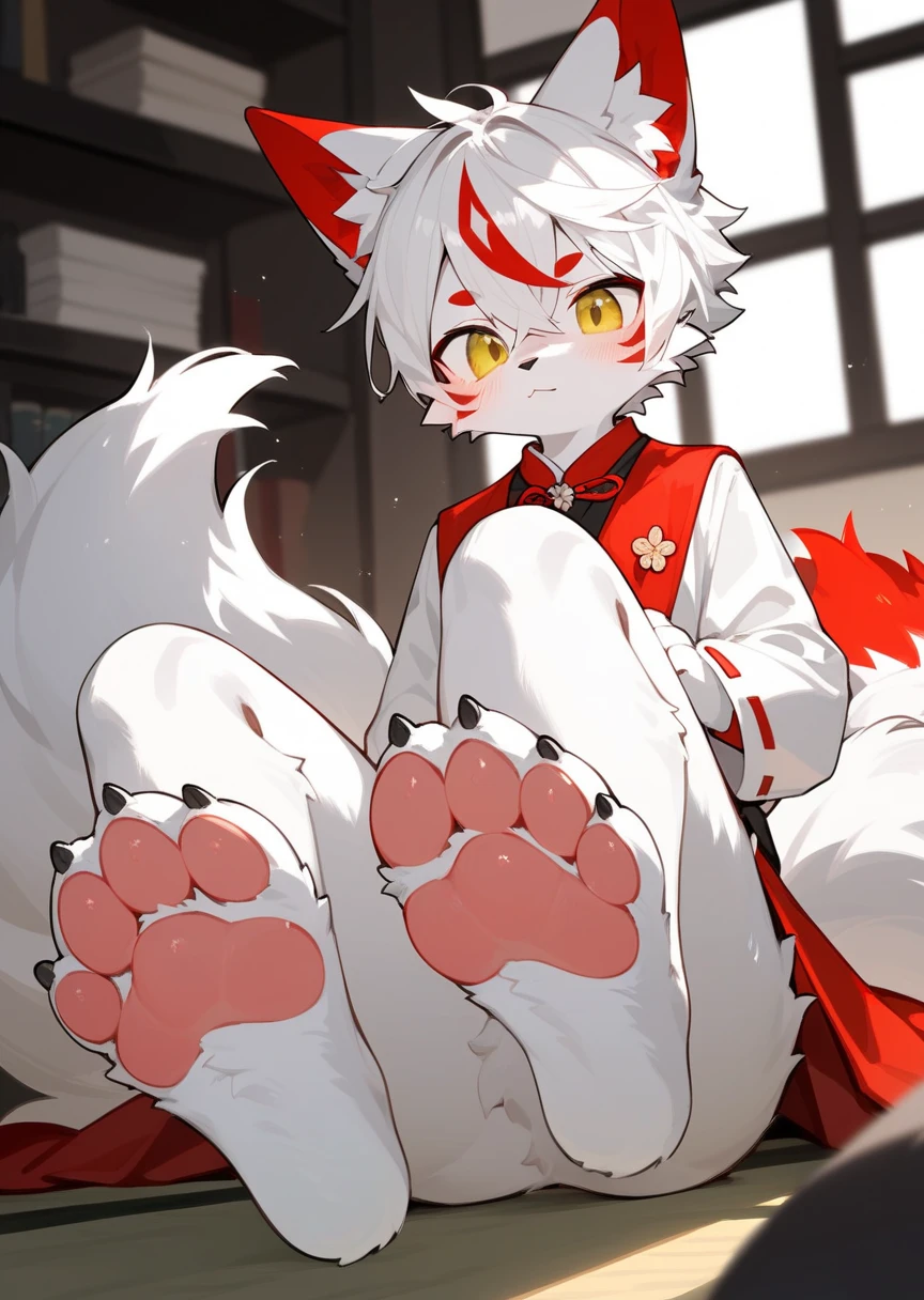 masterpiece,best quality,in the room，A cute fluffy furry kitsune male showing his feet,blush, Foot Focus,white fur with red ears, ,short white hair,half of tail is red,Anatomically correct, yellow eyes,fluffy leg, Look at the audience，scornful face