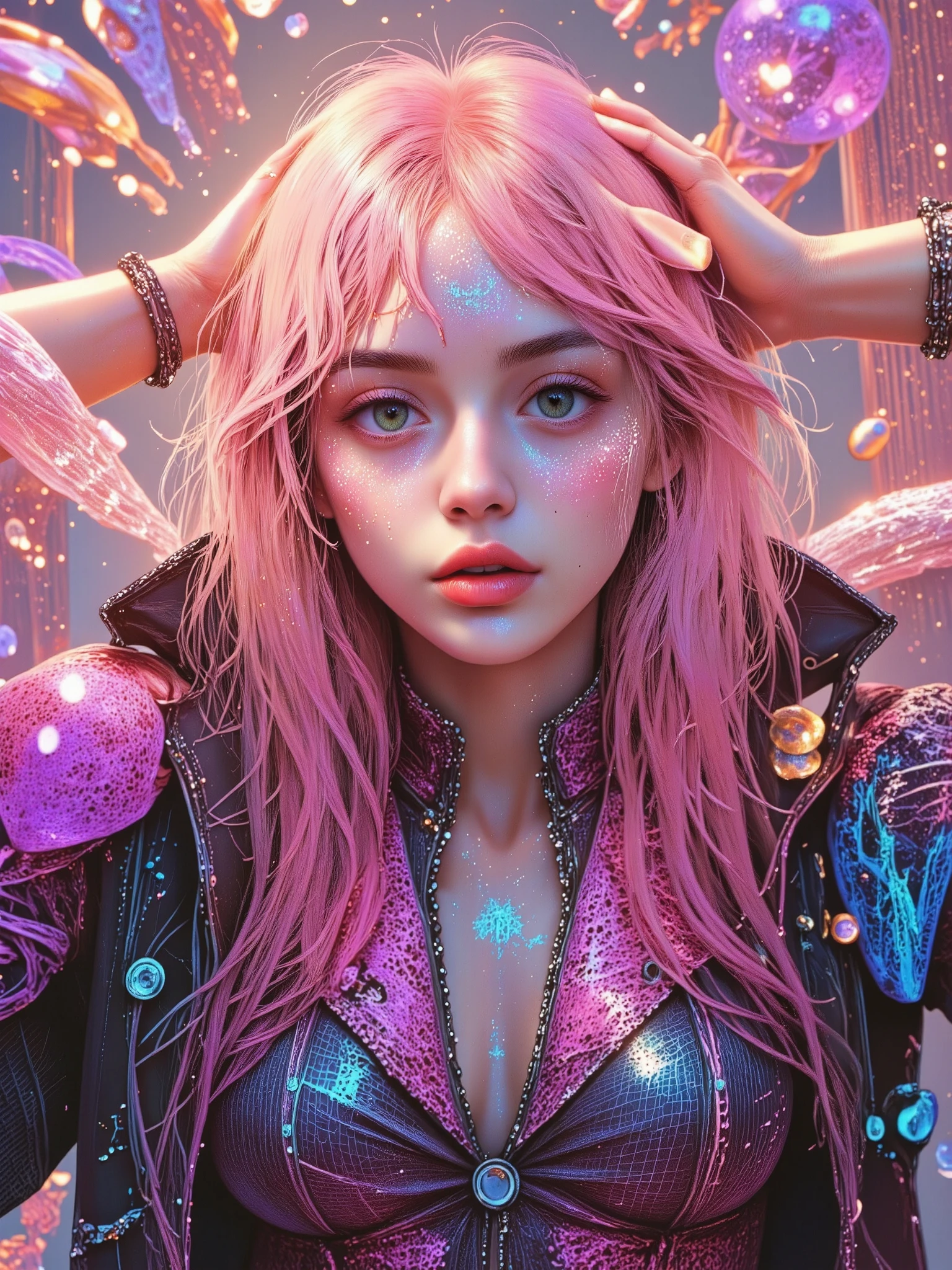 oscuridad, luces de neón, plano gran general, cuerpo entero, anatómicamente correcto, hiper realista:1.5, A beautiful anime-style cyberpunk girl, detailed face with big expressive eyes, long eyelashes, small nose, full lips, blue hair with neon pink highlights, futuristic cybernetic implants and augmented reality interfaces, intricate cyberpunk fashion with neon accents, in a dark dystopian city background with neon lights, skyscrapers, and flying vehicles, 8k, photorealistic, cinematic lighting, hyper detailed, digital art