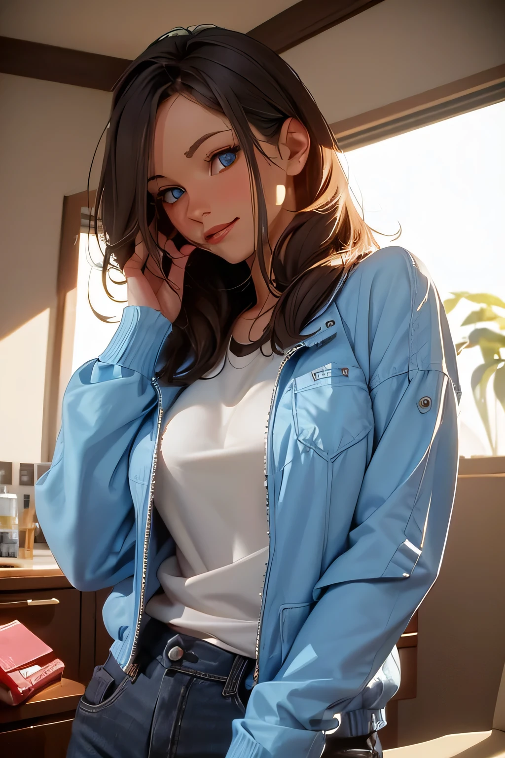  beautiful woman  . She is 35 years old . She's a drug addict  . cigarette in hand . height 180 centimeters . Breast size 3 .  blue eyes  . brown-haired .  She smiles depraved  . 