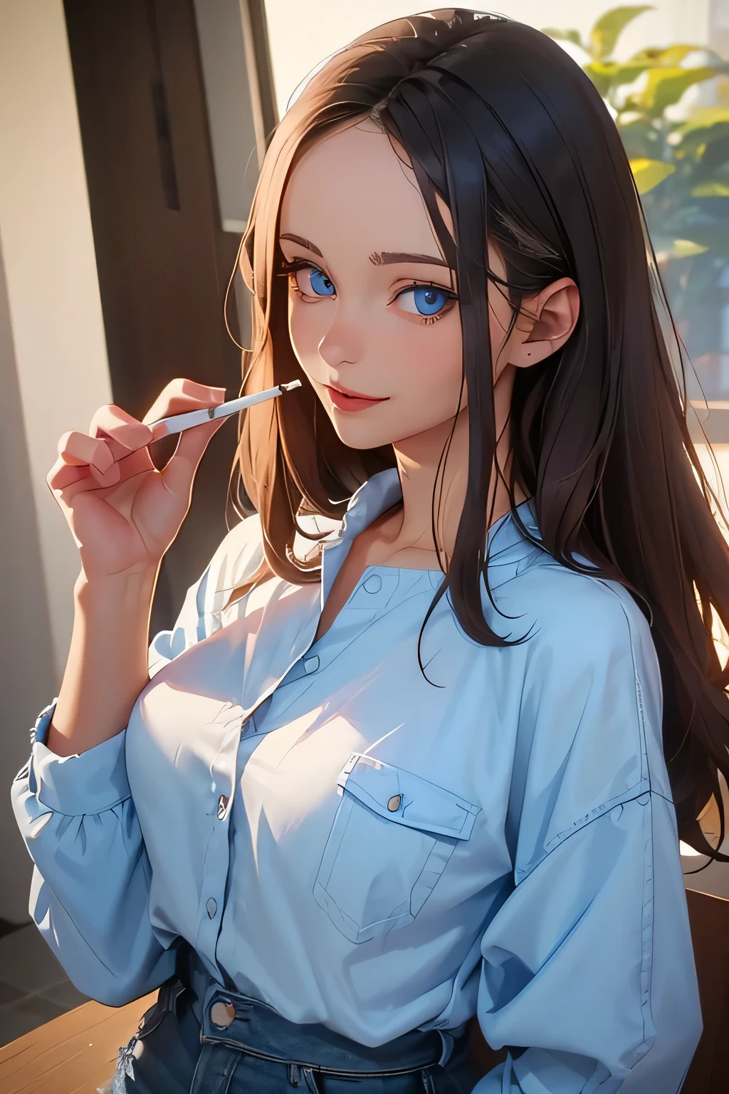 beautiful woman . She is 35 years old . She's a drug addict . cigarette in hand . height 180 centimeters . Breast size 3 . blue eyes . brown-haired . She smiles depraved .