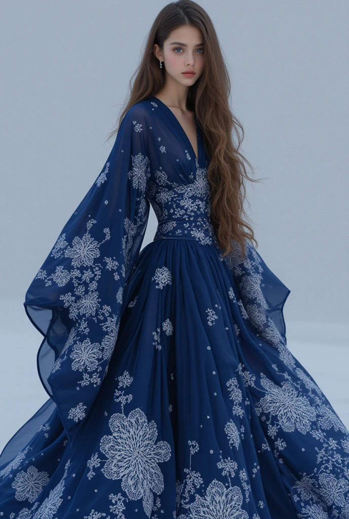 masterpiece, solo,full body, a woman, long hair,blue eyes,wearing a long dress,the dress made from Japanese Yukata fabric, thin and soft fabric, dark deep blue, intricate white firework pattern , elegant gown, long flowing sleeves inspired by traditional kimono, corset is inspired obi, delicate embroidery, pimple background,