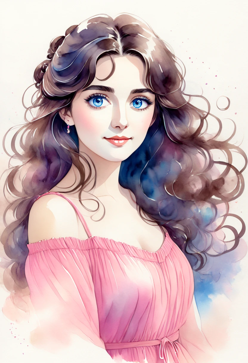 I want you to act as a watercolor artist and create an illustration of a woman with long dark hair and blue eyes. She is wearing a pink dress and has a pair of hair clips on her head. Her hair is styled in loose waves and falls over her shoulders. She has a slight smile on her face and is looking directly at the camera. The background is white and the overall style is artistic drawing. My first request request is "I need you to create a drawing of a girl with long curly hair."