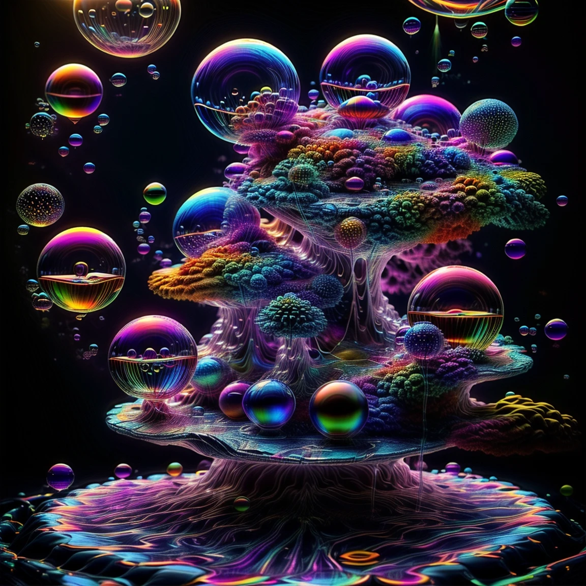 A close up of beautiful bubbles floating on top of each other, LSD, DMT imagery. octane render, psychedelic droplets of water, abstract liquid, and intricate rainbow art. octane render, black 3d fluid simulation,  ethereal bubbles, swirling liquids, and highly detailed, octane render, reflective rainbow bubbles, twisted colors inside of glass spheres, Psilocybin Dream inside an amazing image of light emerging from colors in a shimmering glass morphing out of colors, bright neon and fluorescent colors,very bright, vibrant colors, perfectly formed and symmetrical reflective bubbles and spheres, attention to detail with these beautiful bubbles and spheres, Extreme Hallucinations in a gorgeous piece of  psychedelic digital artwork, Stunning, pixel art, tripped out colors, 4d mandelbulb psychedelics, glass like psychedelic landscape, intricate rainbow environment, psychedelic underwater brightness and glow with neon colors, glowing colors twist inside of translucent glass spheres and bubbles with light and color reflecting off of both in bright fluorescent colors, psychedelic trip, fluorescent and neon aesthetic, psychedelic vibrant colors, bright psychedelic paint splattered backgrounds,swirling spirals and vortex, bright vibrant colors popping out from 3d glass spheres, Rotational Symmetry, Pixel Assets, Portrait photography, Surrealism, Photorealistic, Hyperdetailed, Glass Morphism, Digital Art, Sparkle, Optical Illusion, Glowing Light, Reflective Light, Overexposure, Backlighting, Depth Of Field, Spheres and bubbles show perfect Symmetry, UHD, High Details, High Quality, Super Detailed, Full Focus, Awe inspiring, Shockingly unique wallpaper art, Breathtaking, Indescribably Beautiful, Heaven sent images, Best Quality, Award Winning, MasterpieceA close up of beautiful bubbles floating on top of each other, LSD, DMT imagery. octane render, psychedelic droplets of water, abstract liquid, and intricate rainbow art. octane render, black 3d fluid simulation,  ethereal bubbl