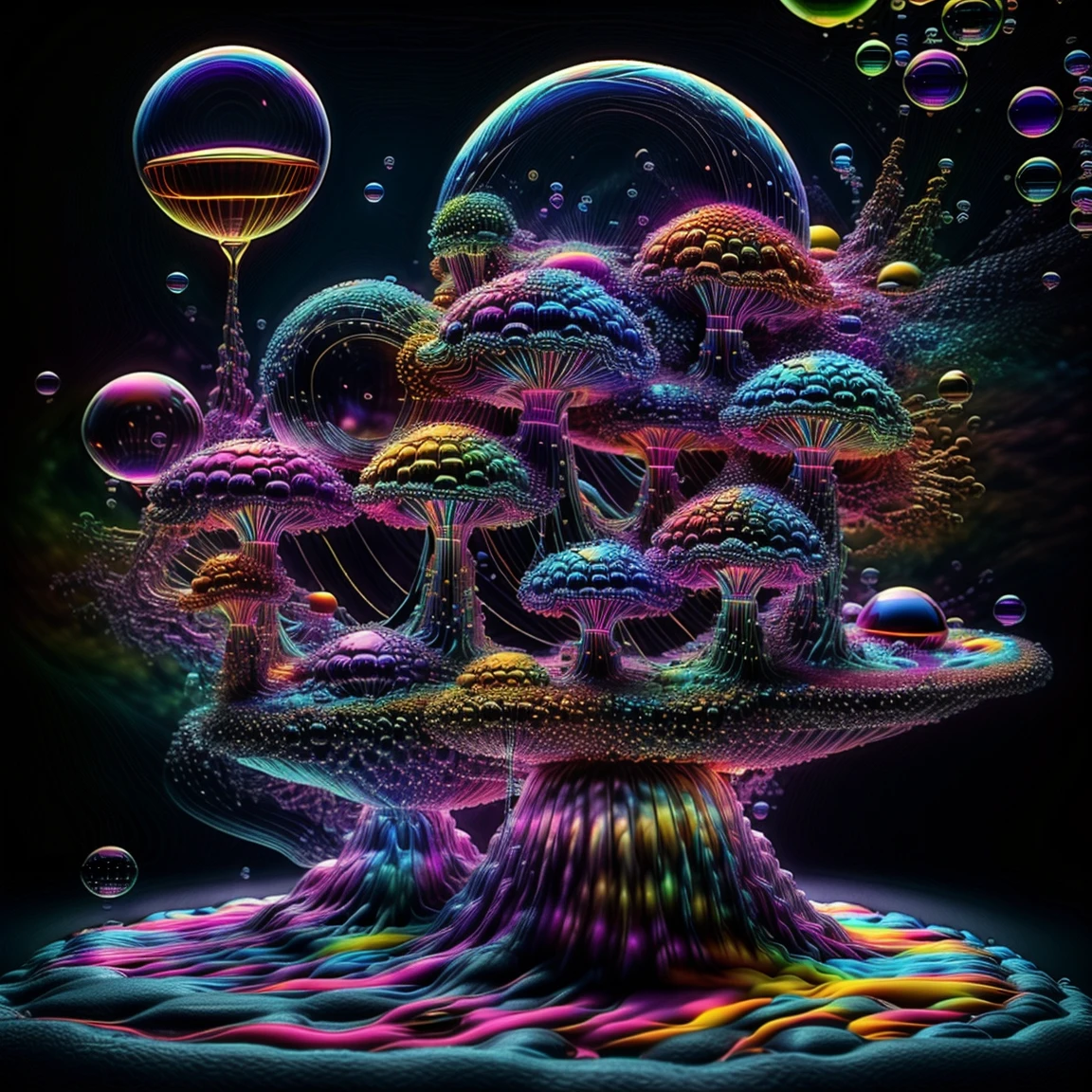 A close up of beautiful bubbles floating on top of each other, LSD, DMT imagery. octane render, psychedelic droplets of water, abstract liquid, and intricate rainbow art. octane render, black 3d fluid simulation,  ethereal bubbles, swirling liquids, and highly detailed, octane render, reflective rainbow bubbles, twisted colors inside of glass spheres, Psilocybin Dream inside an amazing image of light emerging from colors in a shimmering glass morphing out of colors, bright neon and fluorescent colors,very bright, vibrant colors, perfectly formed and symmetrical reflective bubbles and spheres, attention to detail with these beautiful bubbles and spheres, Extreme Hallucinations in a gorgeous piece of  psychedelic digital artwork, Stunning, pixel art, tripped out colors, 4d mandelbulb psychedelics, glass like psychedelic landscape, intricate rainbow environment, psychedelic underwater brightness and glow with neon colors, glowing colors twist inside of translucent glass spheres and bubbles with light and color reflecting off of both in bright fluorescent colors, psychedelic trip, fluorescent and neon aesthetic, psychedelic vibrant colors, bright psychedelic paint splattered backgrounds,swirling spirals and vortex, bright vibrant colors popping out from 3d glass spheres, Rotational Symmetry, Pixel Assets, Portrait photography, Surrealism, Photorealistic, Hyperdetailed, Glass Morphism, Digital Art, Sparkle, Optical Illusion, Glowing Light, Reflective Light, Overexposure, Backlighting, Depth Of Field, Spheres and bubbles show perfect Symmetry, UHD, High Details, High Quality, Super Detailed, Full Focus, Awe inspiring, Shockingly unique wallpaper art, Breathtaking, Indescribably Beautiful, Heaven sent images, Best Quality, Award Winning, MasterpieceA close up of beautiful bubbles floating on top of each other, LSD, DMT imagery. octane render, psychedelic droplets of water, abstract liquid, and intricate rainbow art. octane render, black 3d fluid simulation,  ethereal bubbl