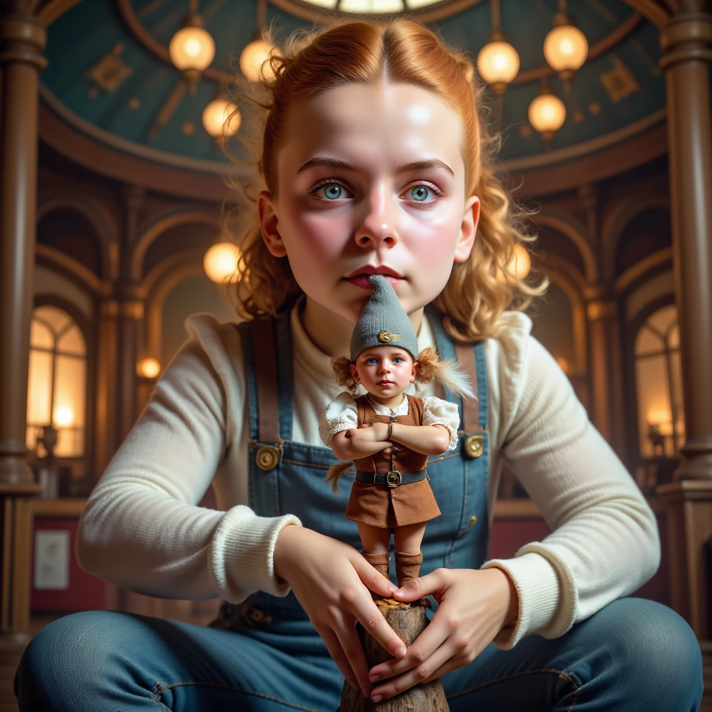 a young girl is about to lick a plastic gnome figurine that she has just removed from a Christmas log, the figurine represents a dwarf who looks very happy, his eyes are wide apart