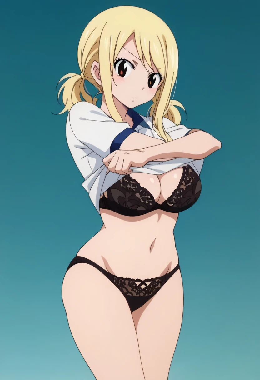 score_9, score_8_up, score_7_up, source_anime,masterpiece,best quality,highres,absurdres,official art,official style,source_anime,anime screencap,anime coloring,megami magazine,anime,animated,explicit, large breasts,shiny skin, lucy_heartfilia, brown eyes, twintails, black lace bra, black lace panties, white shirt, undressing, undressing clothes, undressing, shirt lift, clothes lift, lifted by self,
