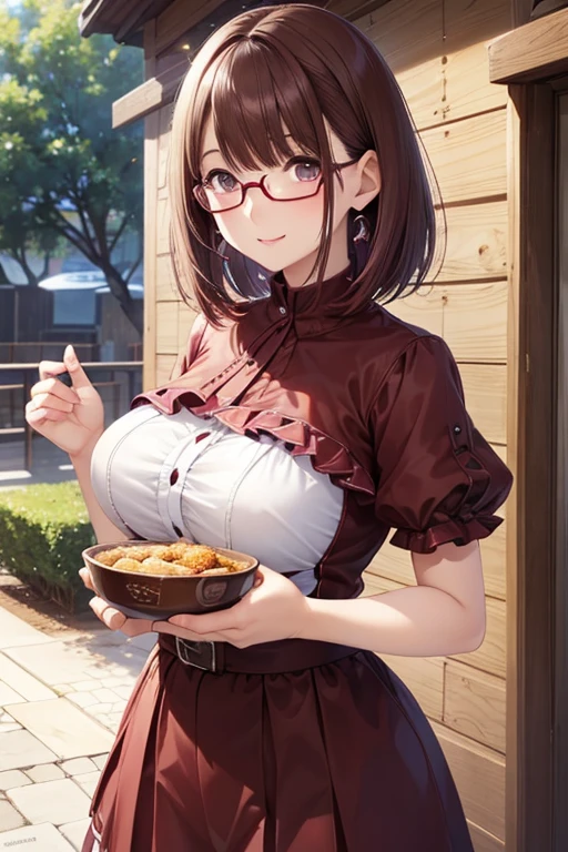 anegasaki nene、 shiny maroon hair,  short hair, ( brown pretty eyes 、 sparkling eyes , Fine grain)、smile、 super detailed eyes、 very detailed face,  very detailed eyes,cowboy shot、



 top quality 、masterpiece、High sensitivity、 high res、 detailed description 、 Slender Women、Glasses、Summer clothes、Food Truck、