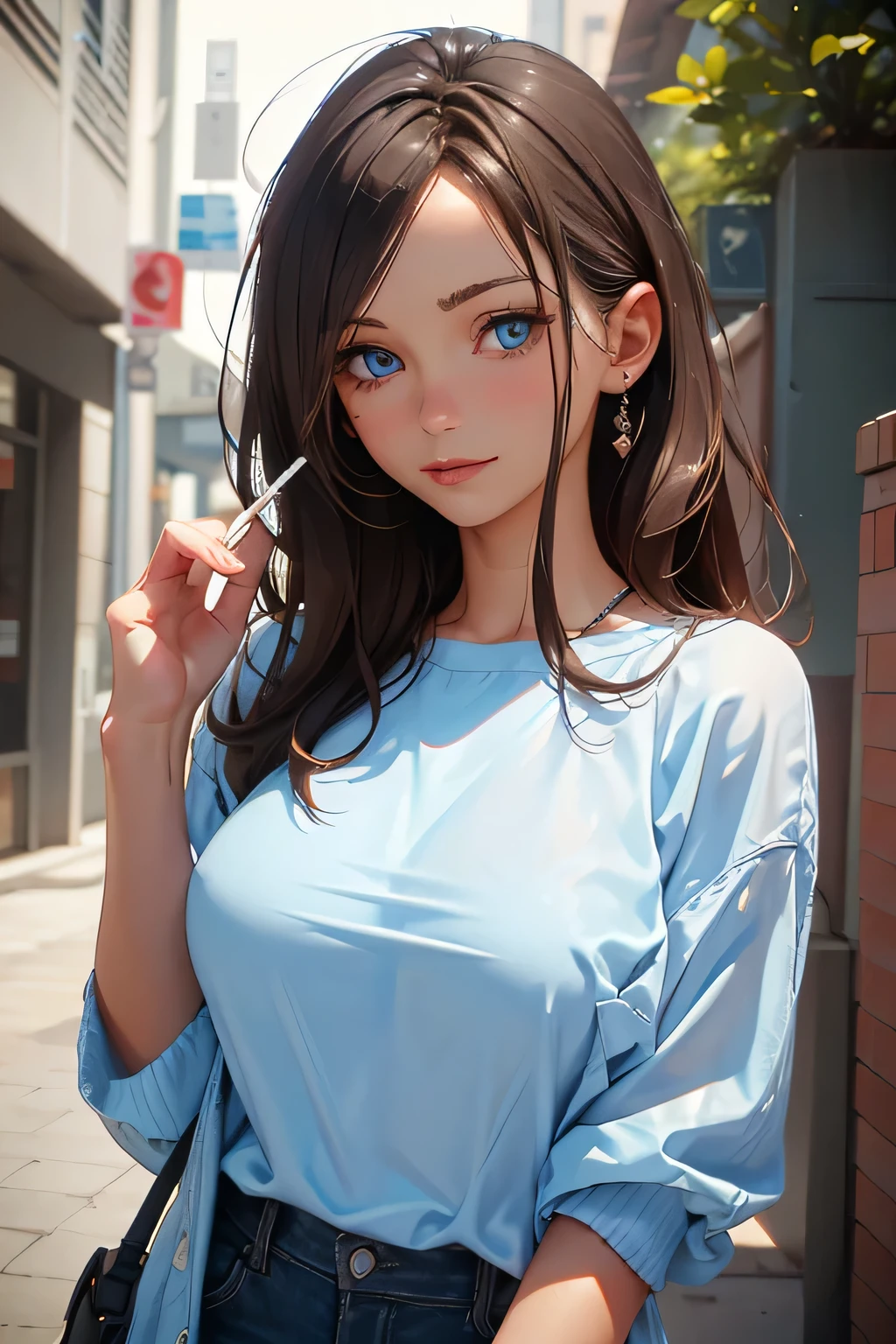 beautiful woman . She is 35 years old . She's a drug addict . There is a cigarette in the mouth , smokes . height 180 centimeters . Breast size 3 . blue eyes . brown-haired . She smiles depraved .