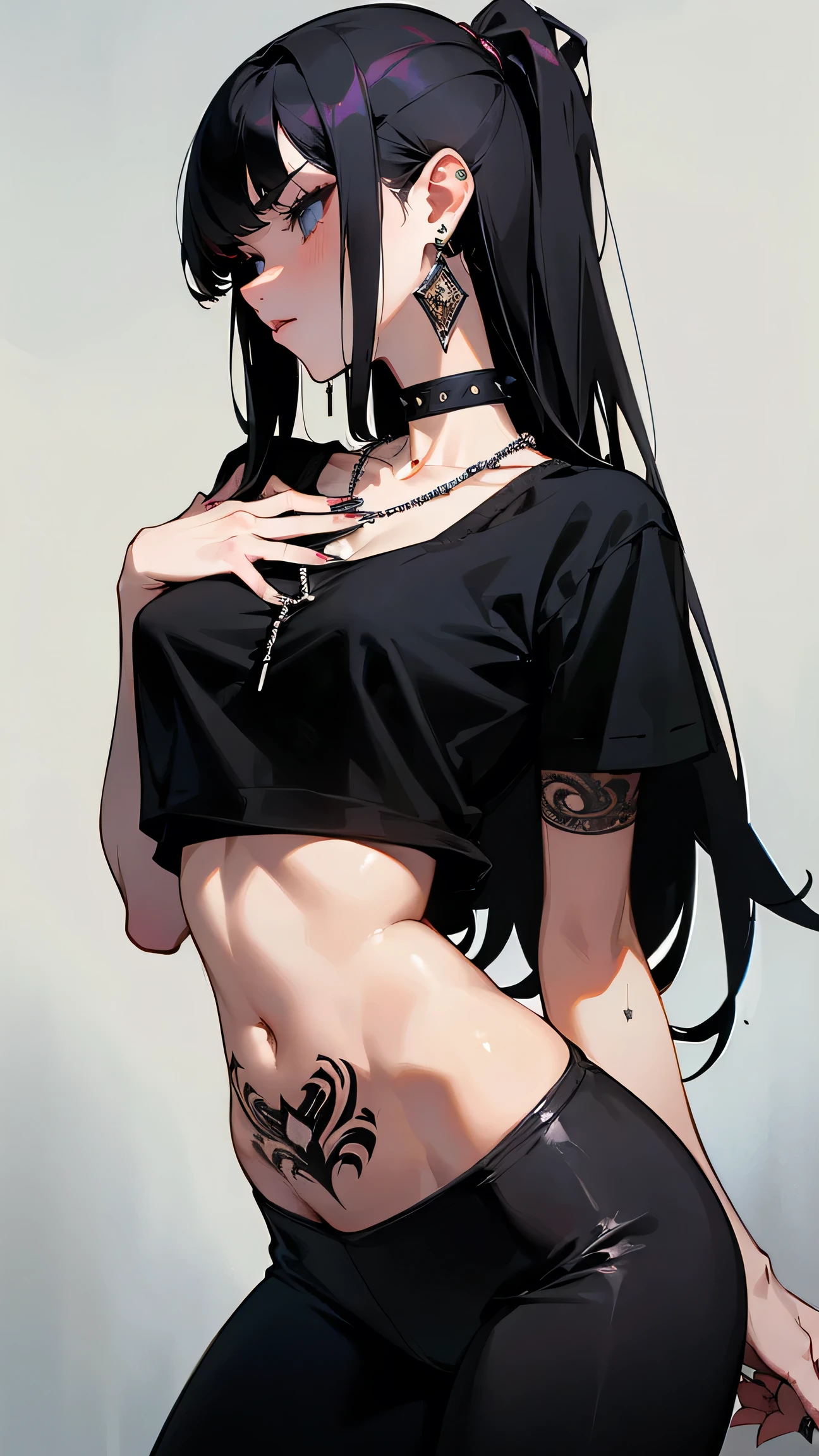 Black hair long straight Straight Hair Smooth and straight hair Straight bangs nude Completely naked Body Art Pubic area hidden by hand 花柄のBody Art