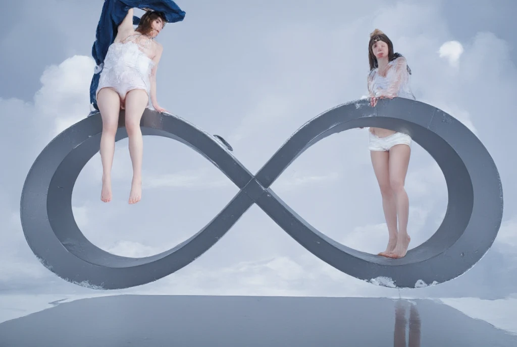 The image shows a surreal scene with an infinity symbol (∞) como elemento central. In the upper concavity of the symbol there is a person with their feet fixed on the upper inner surface of the infinite symbol and thus standing upside down, apparently suspended in the air with subtle clouds in the background . In the upper concavity of the symbol the other person is standing on a path that reflects the sky above , and both people are in the same poses and the same appearance suggesting an inverted world or a reflection .
Ultra HD, ultra wide angle , Motor Unreal.