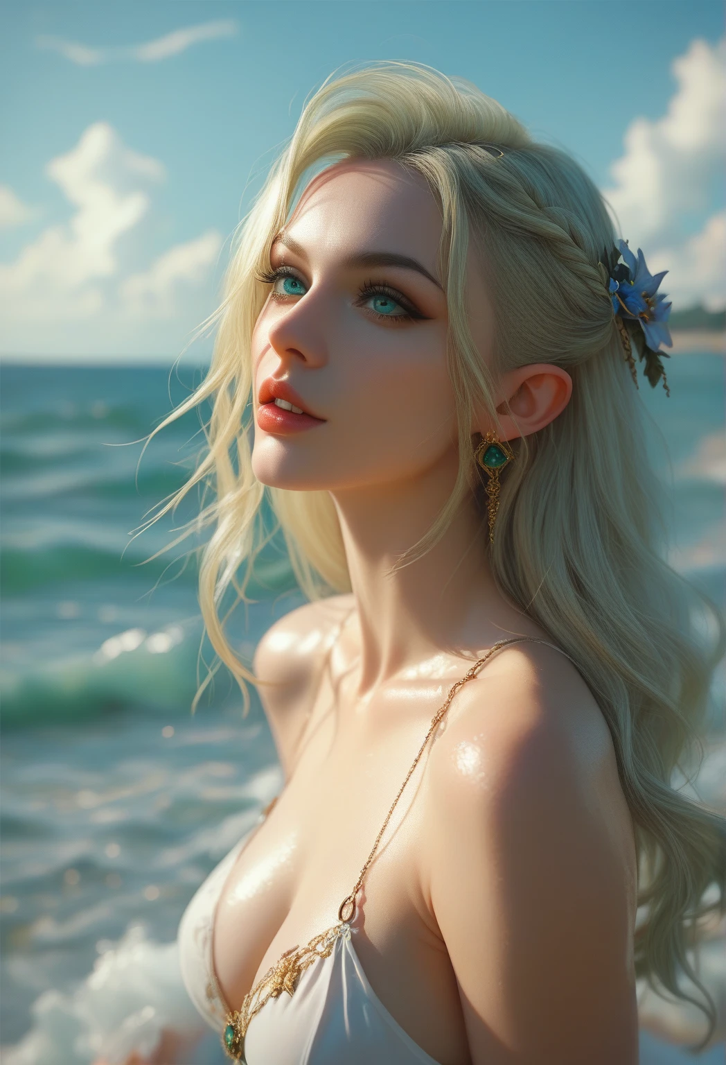Full body shoot of stunnig beauty female poseidon, long hair, temple and water background, less clothes, perfect detailed face, detailed symmetric hazel eyes with circular iris, realistic, stunning realistic photograph, 3d render, octane render, intricately detailed, cinematic, trending on artstation, Isometric, Centered hipereallistic cover photo, awesome full color, hand drawn, dark, gritty, mucha, klimt, erte 12k, high definition, cinematic, neoprene, behance contest winner, portrait featured on unsplash, stylized digital art, smooth, ultra high definition, 8k, unreal engine 5, ultra sharp focus, intricate artwork masterpiece, ominous, epic, trending on artstation, by artgerm, h. r. giger and beksinski, highly detailed, vibrant, 8k