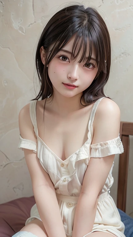 masutepiece, Best Quality, 8K, 8years old, Teen, Raw photo, absurderes, award winning portrait, Smile, Solo,  Idol face, Delicate girl, Upper body, Digital SLR, Looking at Viewer, Candid, Sophisticated,Thin arms, Professional Lighting, Film grain, chromatic abberation, (Eyes and faces with detailed:1.0), (Bokeh:1.1) , (Neat and clean nightgown:1.1) , closes mouth , A dark-haired , drooing eyes , large full breasts , (Thick lip:1.2) , 15-year-old face , red-lips , de pele branca ,German Girl