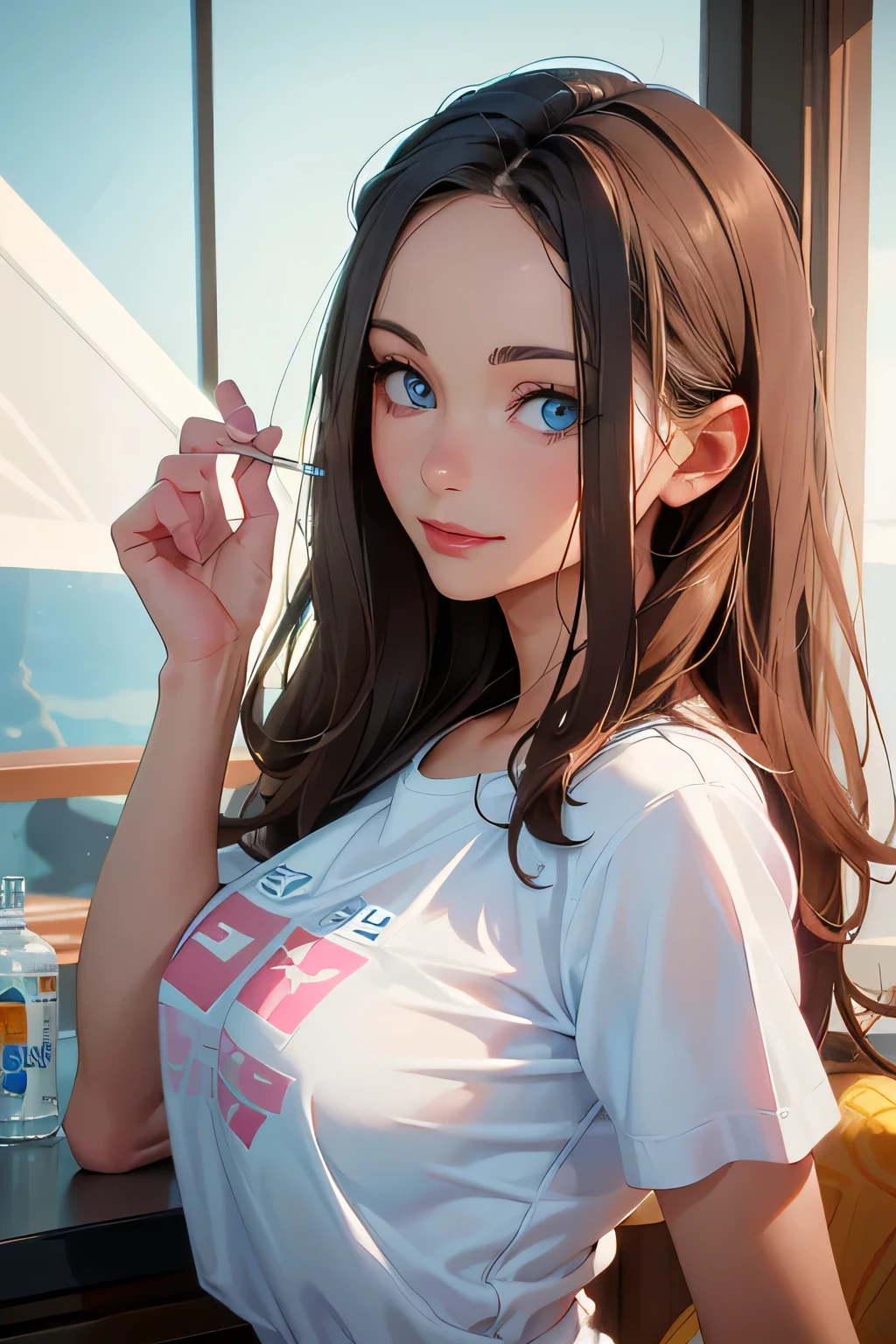beautiful woman . She is 35 years old . She's a drug addict . There is a cigarette in the mouth , smokes . height 180 centimeters . Breast size 3 . blue eyes . brown-haired . She smiles depraved .