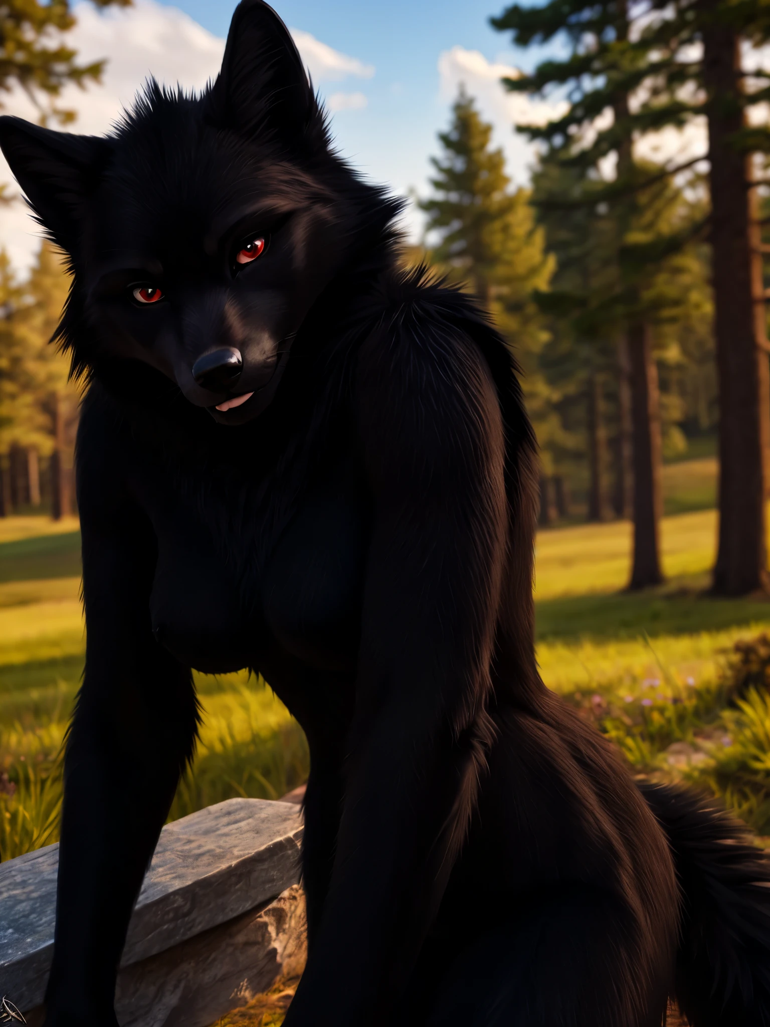 Posing, Female, 20 years old, biting lip smile, day view, anthro, (black fur:1.5), wolf, outdoors, 8k, hi res, (best quality, masterpiece), red eyes,black skin, suit