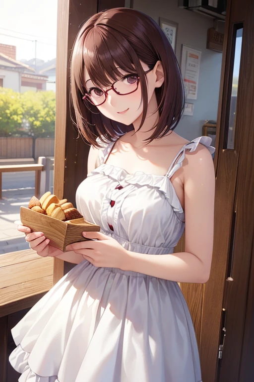 anegasaki nene、 shiny maroon hair,  short hair, ( brown pretty eyes 、 sparkling eyes , Fine grain)、smile、 super detailed eyes、 very detailed face,  very detailed eyes,cowboy shot、



 top quality 、masterpiece、High sensitivity、 high res、 detailed description 、 Slender Women、Glasses、White sundress、Food Truck、