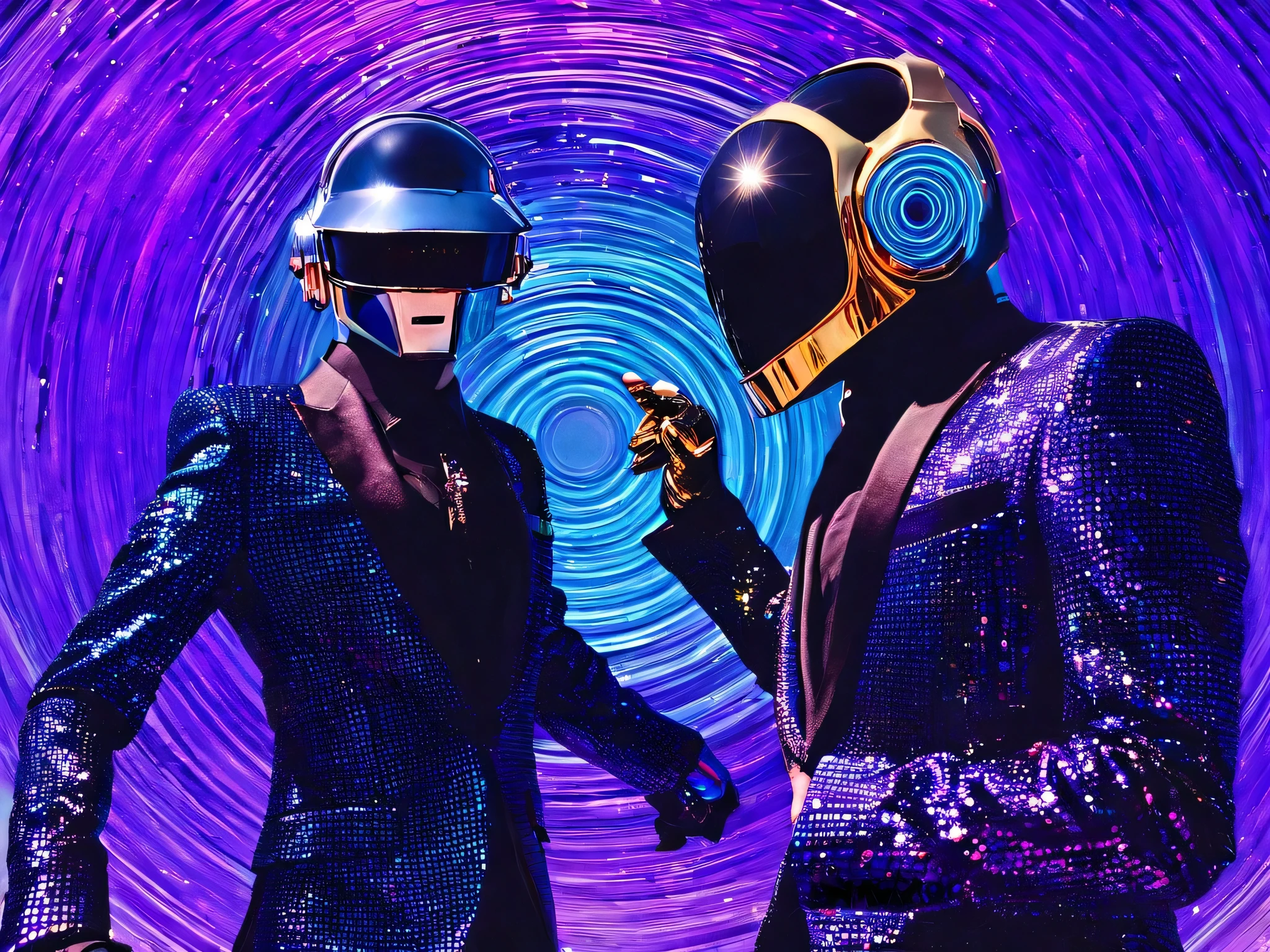 Make me a photorrealistic Daft Punk image with high level of detail of the two DJs with fancy suits. The two DJs are shown in a extremely ridiculous dancing pose, DJs full body are shown in the image. The background it is very psychedelic with pale blue and deep purple tones.
