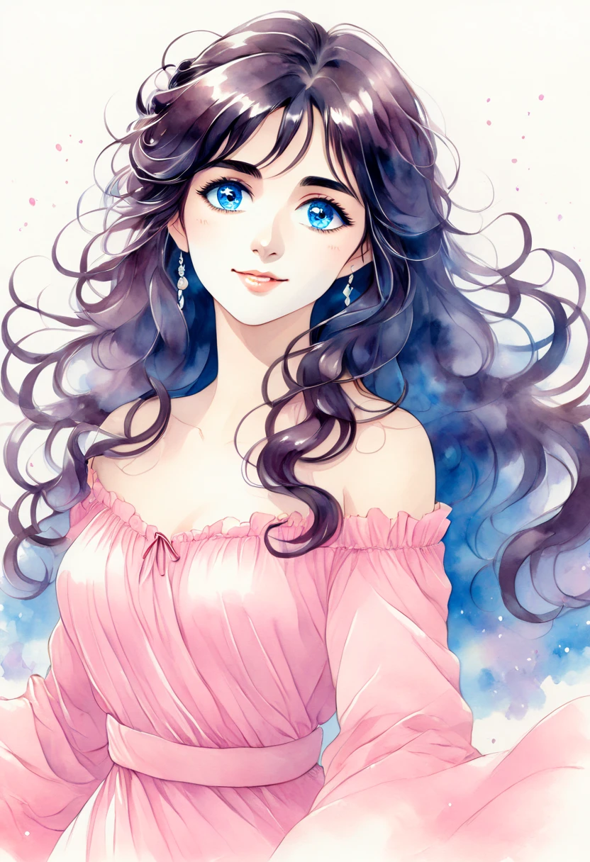 anime 2d,I want you to act as a watercolor artist and create an illustration of a woman with long dark hair and blue eyes. She is wearing a pink dress and has a pair of hair clips on her head. Her hair is styled in loose waves and falls over her shoulders. She has a slight smile on her face and is looking directly at the camera. The background is white and the overall style is artistic drawing. My first request request is "I need you to create a drawing of a girl with long curly hair."