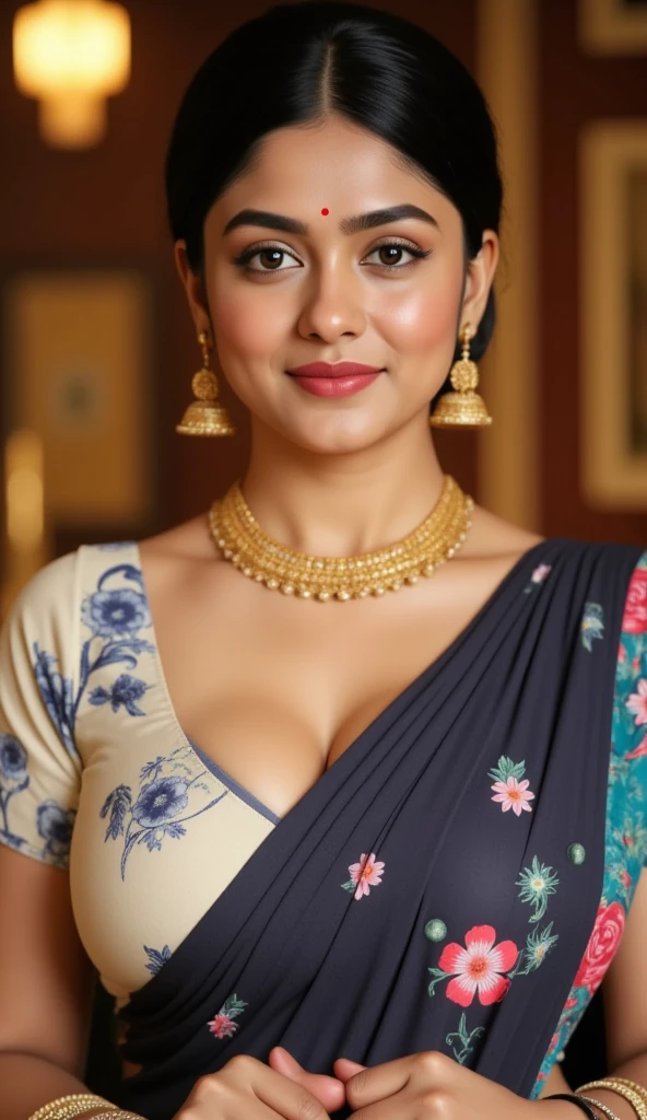 (best quality, ​masterpiece:1.3), (Detailed:1.2), 1 Indian mature woman, Standing in a Jewellery shop Showing Jewellery,((20 age old, Indian woman, dusky skin:1.02, one hair bun:1.3, Detailed amber eyes:1.03, (shiny skin), Shimmering lips, red dark lipstick, detailed face, medium breasts,  (carry: carry: Light Copper colour tight breast sleevless blouse, Wearing dark flower printed Saree,Wearing small golden earrings,red nail poish, perfect hands carring a sling bag,(Chubby Physics:1.1), (Characterfocus),perfect anatomy, She looks into the camera with a carefree and happy expression, Full body, 4k textures, colorful, extremely Detailed eyes and face, beautiful Detailed eyes, keen focus, uniform lighting, crazy details, Intricate detailing, hyperDetailed, rich colors
