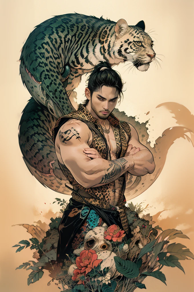 (Chinese martial arts),anime, 4K,Young man,long black hair, tattooed , pattern,(((animal trainer golden monkey on his shoulder))),bloody neon lighting, 8K hyper-quality, intricate details, , scary effect, volumetric light,