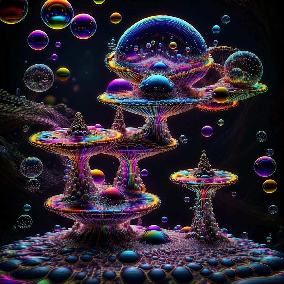 A close up of beautiful bubbles floating on top of each other, LSD, DMT imagery. octane render, psychedelic droplets of water, abstract liquid, and intricate rainbow art. octane render, black 3d fluid simulation,  ethereal bubbles, swirling liquids, and highly detailed, octane render, reflective rainbow bubbles, twisted colors inside of glass spheres, Psilocybin Dream inside an amazing image of light emerging from colors in a shimmering glass morphing out of colors, bright neon and fluorescent colors,very bright, vibrant colors, perfectly formed and symmetrical reflective bubbles and spheres, attention to detail with these beautiful bubbles and spheres, Extreme Hallucinations in a gorgeous piece of  psychedelic digital artwork, Stunning, pixel art, tripped out colors, 4d mandelbulb psychedelics, glass like psychedelic landscape, intricate rainbow environment, psychedelic underwater brightness and glow with neon colors, glowing colors twist inside of translucent glass spheres and bubbles with light and color reflecting off of both in bright fluorescent colors, psychedelic trip, fluorescent and neon aesthetic, psychedelic vibrant colors, bright psychedelic paint splattered backgrounds,swirling spirals and vortex, bright vibrant colors popping out from 3d glass spheres, Rotational Symmetry, Pixel Assets, Portrait photography, Surrealism, Photorealistic, Hyperdetailed, Glass Morphism, Digital Art, Sparkle, Optical Illusion, Glowing Light, Reflective Light, Overexposure, Backlighting, Depth Of Field, Spheres and bubbles show perfect Symmetry, UHD, High Details, High Quality, Super Detailed, Full Focus, Awe inspiring, Shockingly unique wallpaper art, Breathtaking, Indescribably Beautiful, Heaven sent images, Best Quality, Award Winning, MasterpieceA close up of beautiful bubbles floating on top of each other, LSD, DMT imagery. octane render, psychedelic droplets of water, abstract liquid, and intricate rainbow art. octane render, black 3d fluid simulation,  ethereal bubbl