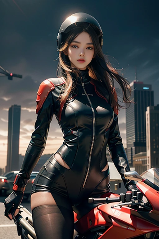 The highest image quality、Exceptional detail、超A high resolution、(真实感:1.4)、The best illustrations、Favor the details、Highly condensed 1girl、delicate and beautiful face、Dressed in black and red mechs、Colossal tits、length hair、dishevled hair、Wide buttock、Riding a motorcycle、turn、the background is a high-tech lighting scene of the futuristic city、(emphasis on the buttocks:1.4)