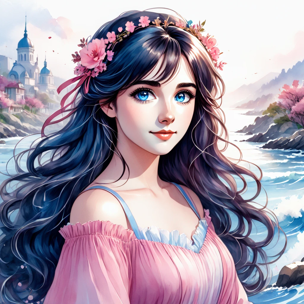 anime 2d,I want you to act as a watercolor artist and create an illustration of a woman with long dark hair and blue eyes. She is wearing a pink dress and has a pair of hair clips on her head. Her hair is styled in loose waves and falls over her shoulders. She has a slight smile on her face and is looking directly at the camera. The background is white and the overall style is artistic drawing. My first request request is "I need you to create a drawing of a girl with long curly hair."