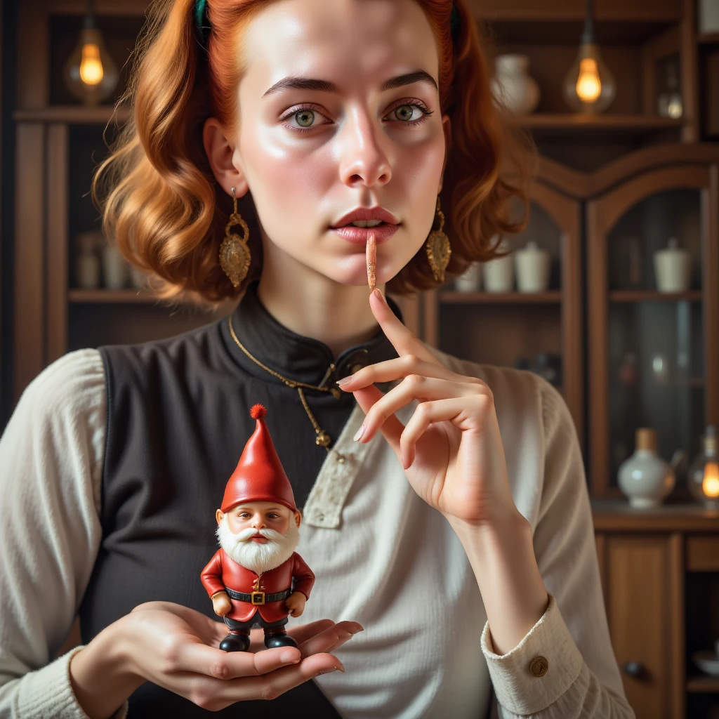 
a woman is about to lick a plastic gnome figurine that she is holding in her hand and that she has just removed from a Christmas cake, the figurine represents a dwarf who looks very happy, he has eyes wide apart