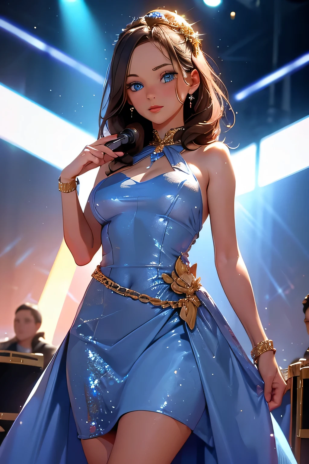 beautiful woman . she is 29 years old . height 180 centimeters . Breast size 3 . blue eyes . brown-haired . Awards ceremony " Oscar " . She is standing on stage at the microphone . She was awarded a golden statuette . She is wearing a beautiful evening dress .