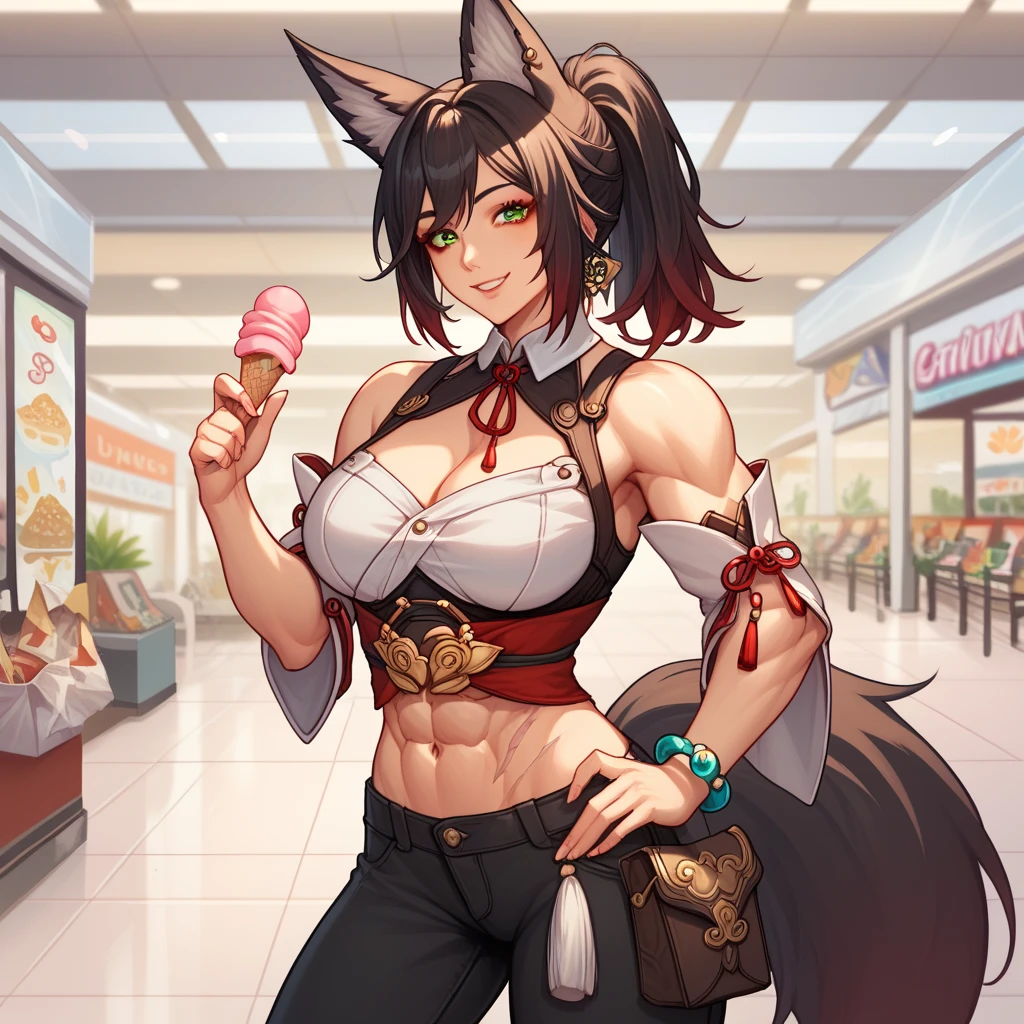 Large biceps, ( natural breasts)), tingyun, black hair, fox girl, fox tail, fox, fox ears, green eyes, kitsune, large breasts, animal ears, ponytail,, bracelet, detached collar, detached sleeves, jewelry,  pants, red tassel, tassel earring,((animal ears,fox ears)), solo, holster on the hips,,((night shopping mall)),female abs,muscular, (eight abs pack),((smiling)),((scar on body)),holding an ice cream,