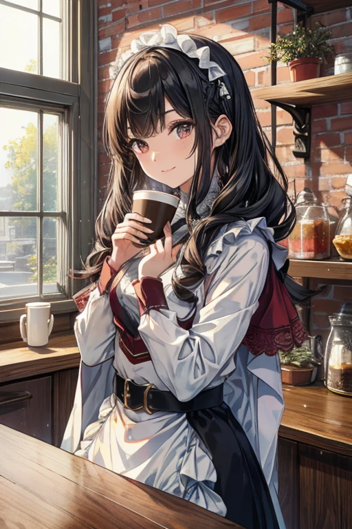 Top quality, super detailed, ((very delicate and beautiful)), A girl is smiling at the viewer from behind the counter. , Long hair, straight hair, long sideburns, long hair, hair clip, princess cut bangs, *********, black hair, trimmed bangs, brown eyes, cowboy shot, smiling at the viewer. , smiling, while arranging her hair,
BREAK
A white maid headband with a large ribbon is decorated with flowers. , white lace, hair ribbon, chocolate and candy motif hair ornament, ruffles, silk,
BREAK
The main piece is a maroon dress with delicate ruffles and lace on a soft and feminine base. Velvet, maroon long skirt with lots of lace, multi-tiered ruffle skirt, fluffy skirt, maroon cape with lace,
BREAK
A white blouse with a ribbon exudes cuteness. , long sleeves with frills, puff sleeves, adding warmth and color, beautifully complementing the white lace. Silk, frills, lace, white lace sash with large ribbon,
BREAK
Large ribbon, ribbon, green ribbon tied with ribbon, green ribbon, lace, silk fabric,
BREAK
Black belt, beautiful embroidery on the belt creates a luxurious look.
BREAK
Wide glass window, (indoor: 1.5), mug on counter, brick wall in shop decorated with illuminations, Christmas tree, medieval interior, chalkboard decorated with Christmas interior, wooden and brick building, wooden counter, wooden table, stone brick building, window decorated with ornaments and garlands, shelf lined with boxes, coffee equipment on counter, decorated lighting, coffee shop interior background, detailed background, (best quality, masterpiece, super detailed illustration), (4k wallpaper), (beautiful detailed eyes), (((detailed background))), (((warm light))), (((accurate background))), ((lens flare))), (chromatic aberration), (depth of field), (best quality, masterpiece, super detailed, illustration), (4k wallpaper), (beautiful detailed eyes), beautiful, amazing, detailed eyes, (detailed skin), light particles, sparkle in eyes, Russian language,