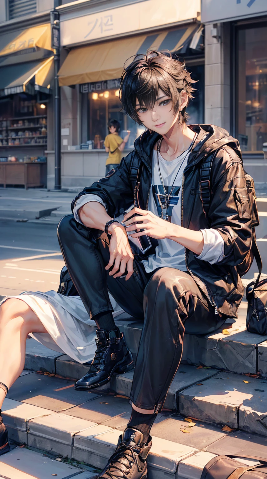 ((4K works))、​masterpiece、（top-quality)、((high-level image quality))、((One Manly Boy))、Slim body、((Attractive and sexy fashion))、((Men's Fashion))、((Holding a backpack and iPhone in hand))、(Detailed beautiful eyes)、In a fashionable city、Sitting on the curb and listening to music、Face similar to Chaewon in Ruseraphim、((short hair above the ears))、((Smaller face))、((Neutral face))、((Light brown eyes))、((Korean boy))、((18year old))、((Handsome man))、((Teeth and smile expression))、((Korean Makeup))、((elongated and sharp eyes))、((photo of a model))、((Like a celebrity))、Professional Photos、((Shot alone))、((Sitting on the curb and listening to music through headphones))、((He sits in front of the viewer))、((Shot diagonally up from the front))、((Hold your iPhone in your hands、Look at your iPhone screen))