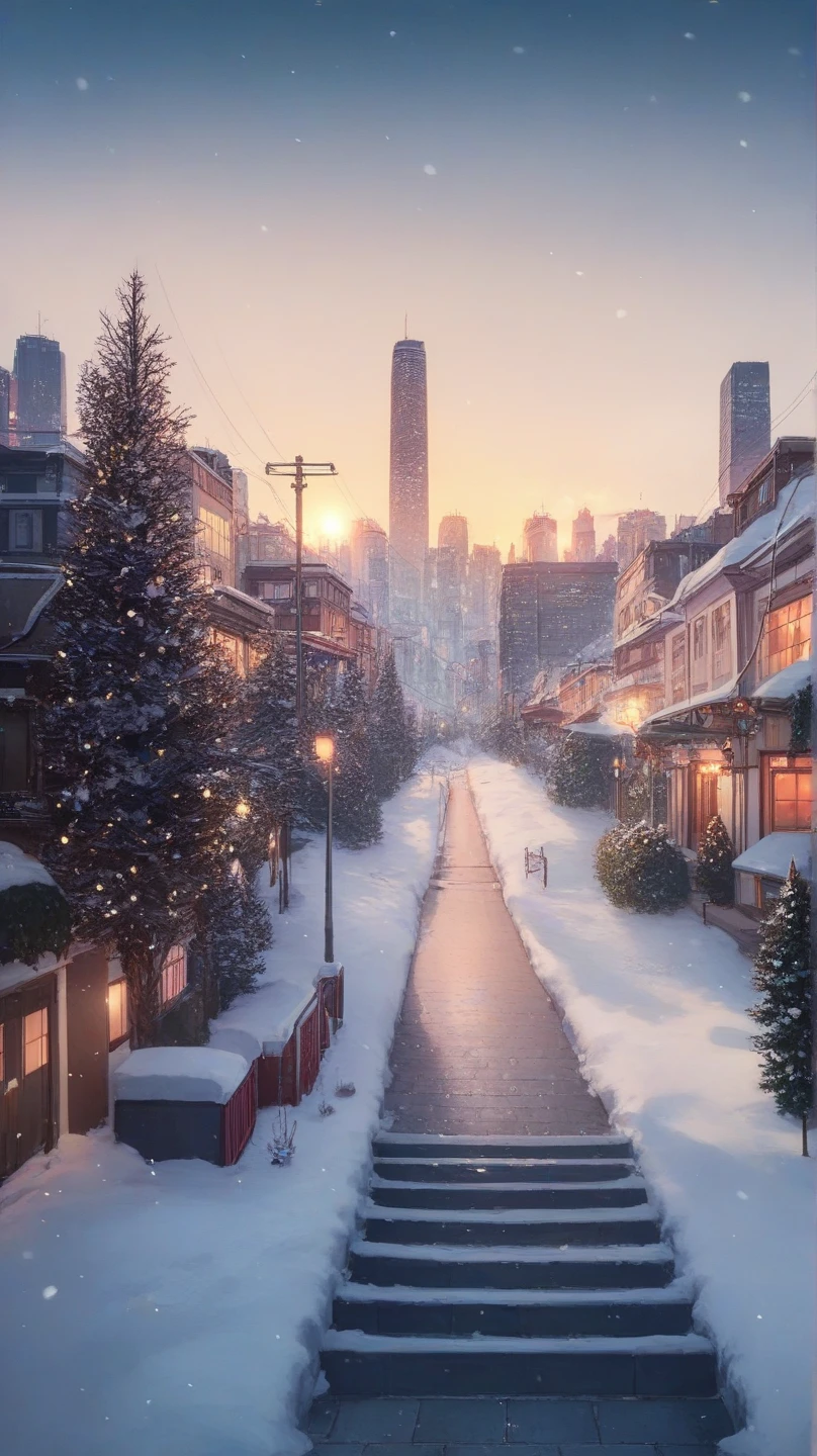 (No People), Unattended, No One, Landscape, Winter, Christmas, City, Tokyo, Sidewalk, Snow, Light Up, Night, HD Detail, Ultra Detail, Film, Hyper Realism, Soft Light, Deep Focus Bokeh, Ray Tracing, Art Station pixivgwise, Makoto Shinkai, Art Germ