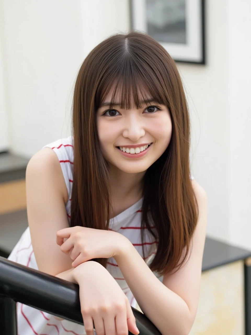 The image is a portrait of a young Asian woman named aya_ogawa with long, straight hair and bangs. She is wearing a white tank top with red stripes and is leaning against a black railing. The woman is smiling and looking directly at the camera. Her hair is styled in loose waves and falls over her shoulders. The background is blurred, but it appears to be a room with white walls and a window. The overall mood of the image is happy and relaxed.