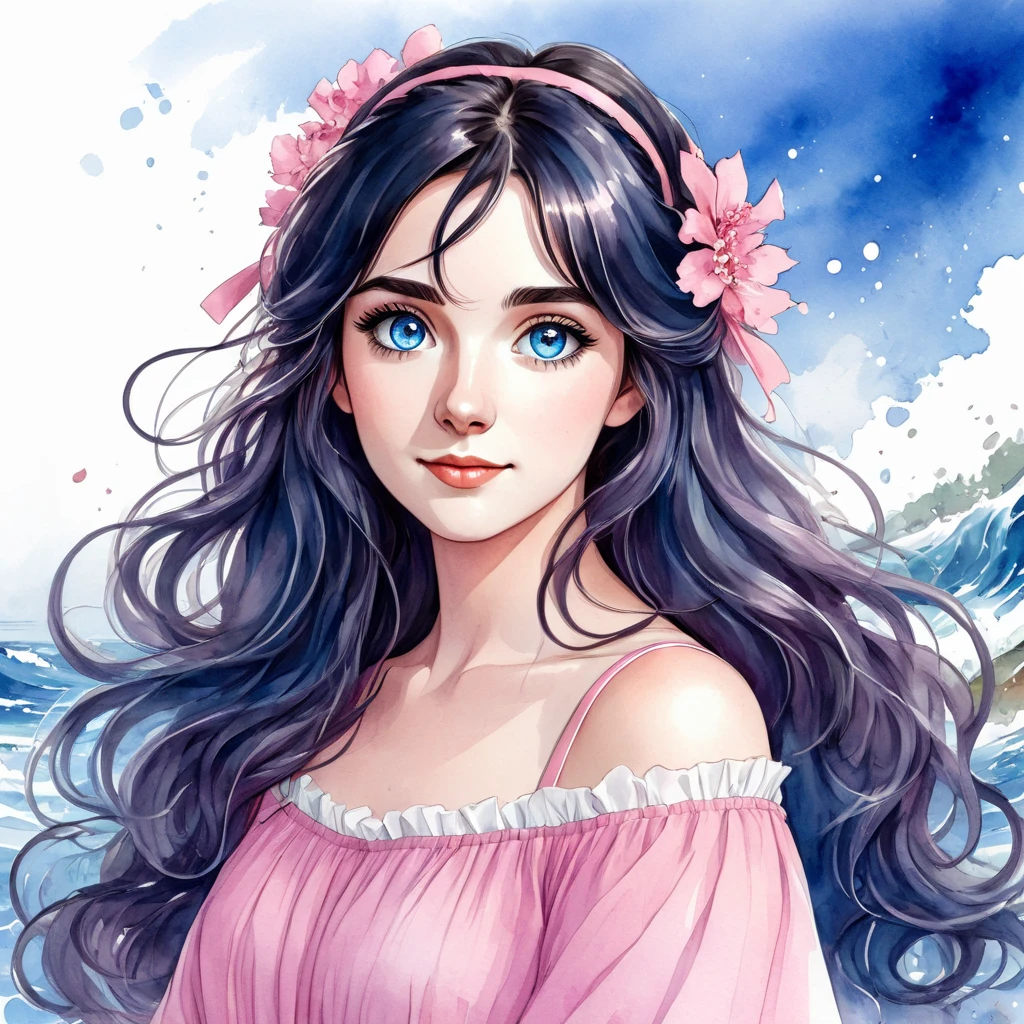 anime 2d,I want you to act as a watercolor artist and create an illustration of a woman with long dark hair and blue eyes. She is wearing a pink dress and has a pair of hair clips on her head. Her hair is styled in loose waves and falls over her shoulders. She has a slight smile on her face and is looking directly at the camera. The background is white and the overall style is artistic drawing. My first request request is "I need you to create a drawing of a girl with long curly hair."