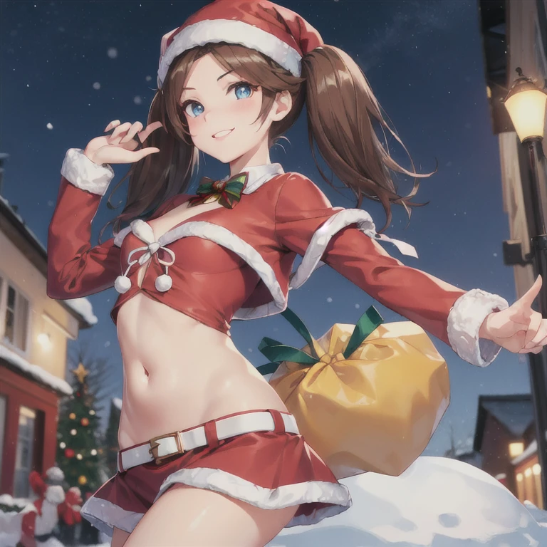 ((masterpiece)), (( top quality )), (( ULTRA DETAIL)),(( hyperrealistic )),(( glowing skin)), cute 1 girl ,((Forehead)),((( twin tails))),(( long hair)), straight hair,((( blue eyes))), small breasts, flat chest,,((young and petite)), dynamic angle , Santa Claus ,( Red Crop Top), Santa Costume ,  Santa hat ,  young and petite white giant bag ,belly button, red miniskirt ,Christmas Street ,snow,smile,
