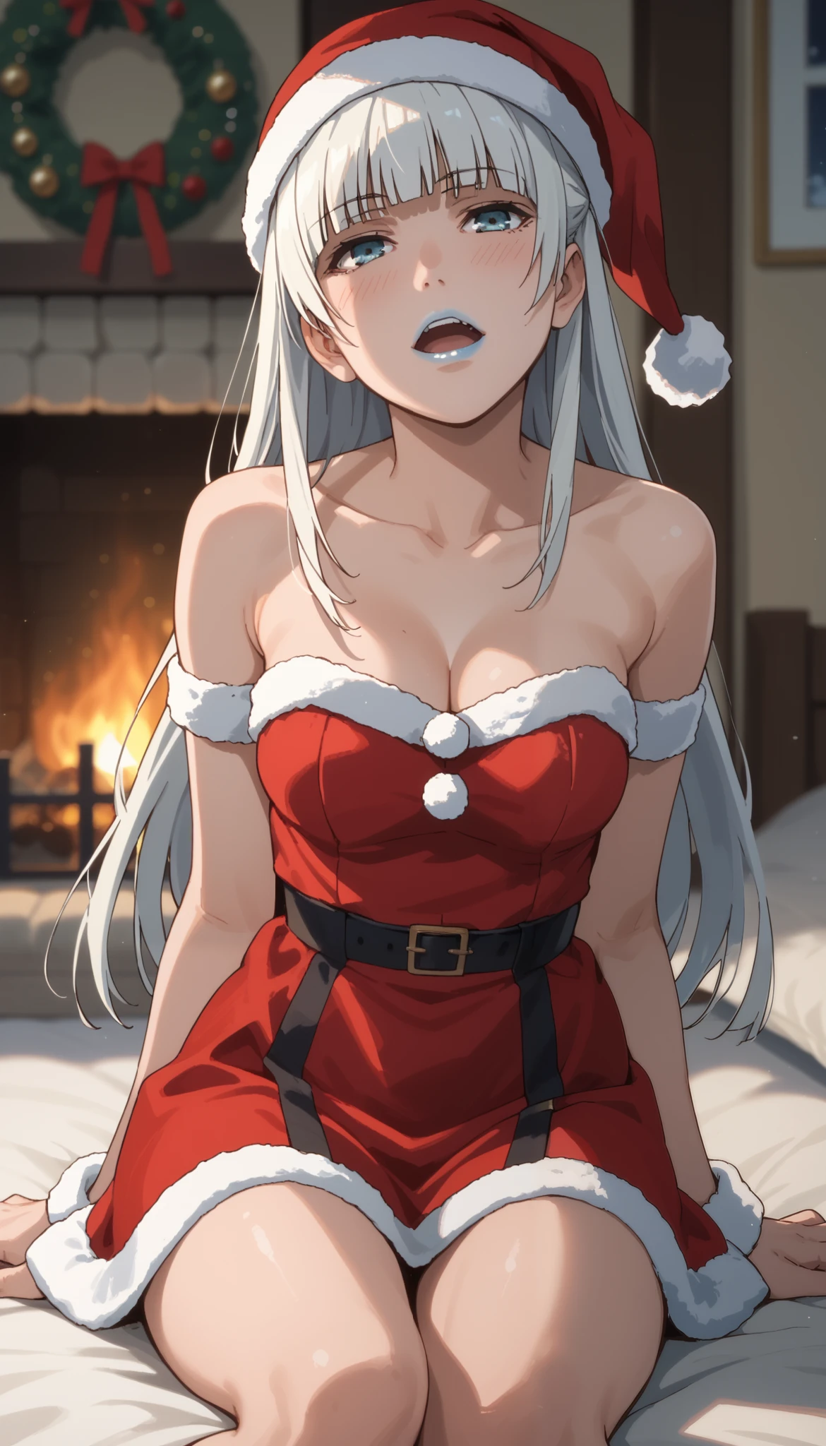 Score_9, score_8_up, score_7_up, score_6_up, source_anime, rating:general, 1girl, kirari momobami, white hair, long hair, hime cut, sultry look, head tilt, blush, pale white skin, santa outfit, santa hat, blue eyes, blue lipstick, colored contacts, medium sized breasts, cleavage, exposed shoulders, perfect slender legs, roaring fireplace, traditional cosy cabin, soft lighting, sat on end of bed, solo, 8k quality, vivid colors, perfect lighting, perfect shadowing,