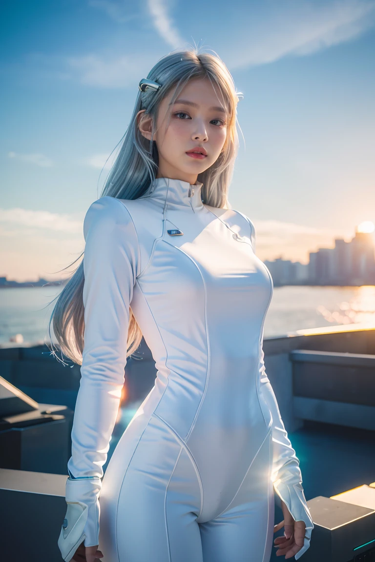 ((masterpiece, best quality, extremely detailed), volumetric lighting, ambient occlusion, colorful, glowing), 1girl, solo, young girl, (silver hair), long hair, halo, aura, sacred, goddess, cyber suit, (white outfit:1.3), outdoors, sunset, sky, clouds, space, (cyberpunk theme:1.2),