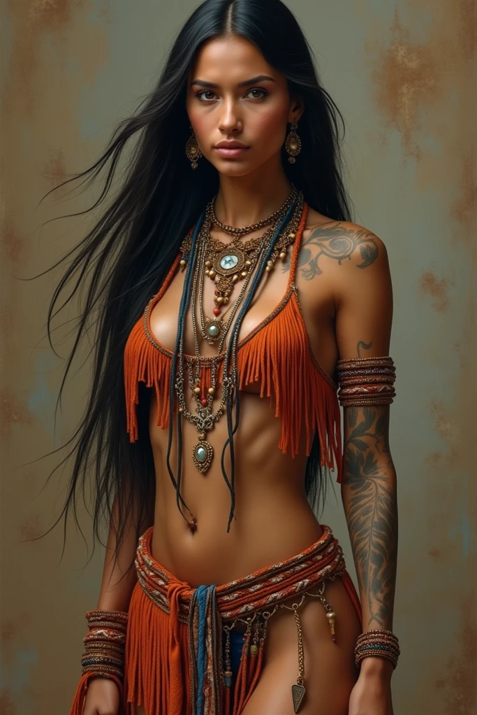 a beautiful woman, slender and curvy, (detailed large breasts:0.75), slightly toned stomach, ample hips, thick thighs, ((realistic skin:1.5))), tribal meets bohemian, tattoos, piercing, bohemian jewelry, modern, she is so cute and curvy, raw, seductive, mixed of colors and materials, intricate details, fashion photography, highly detailed, highest quality,