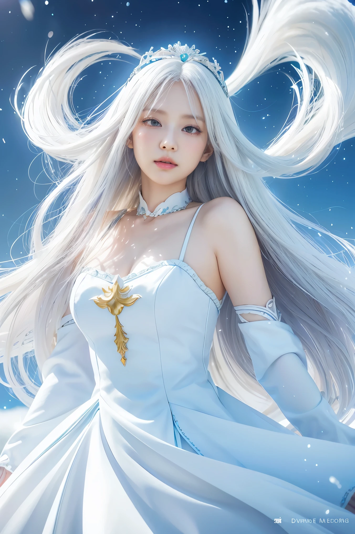 anime girl with long white hair and a blue dress in the snow, white haired deity, white hair floating in air, anime fantasy illustration, flowing white hair, beautiful young wind spirit, beautiful fantasy anime, glowing flowing hair, ethereal anime, beautiful anime artwork, beautiful digital artwork, anime fantasy artwork, ((a beautiful fantasy empress)), 2. 5 d cgi anime fantasy artwork