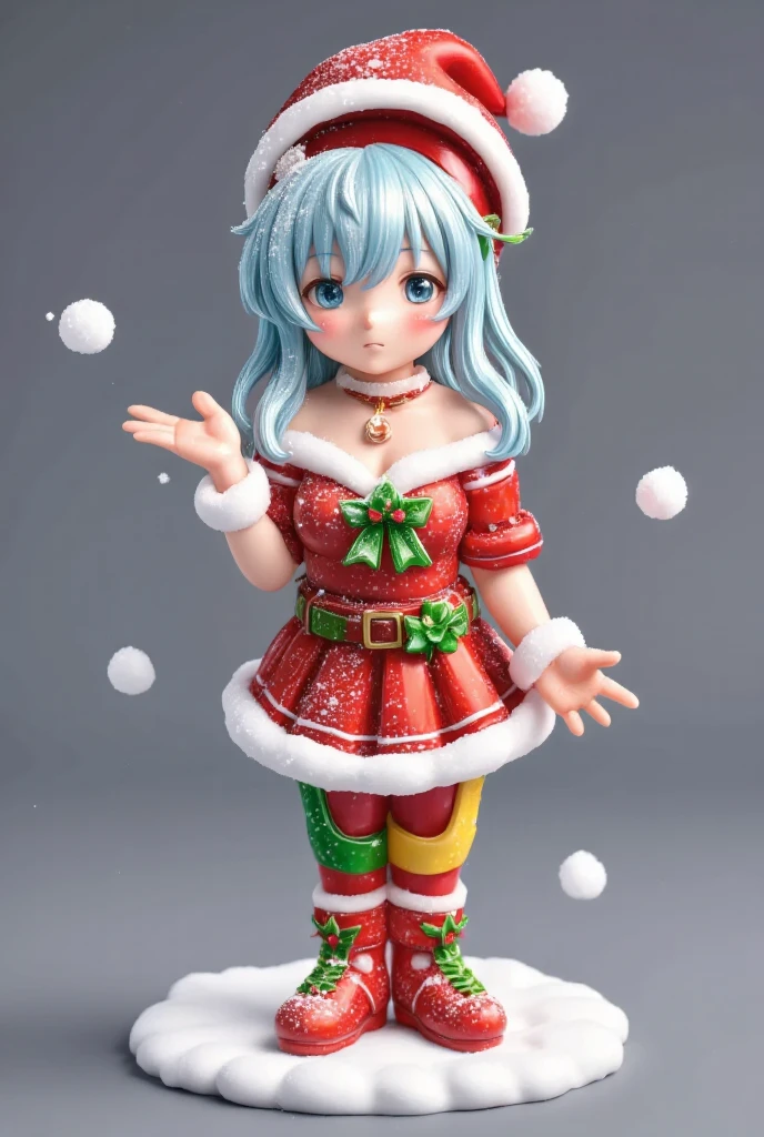 Christmas Girl,A festive Christmas scene featuring a kawaii anime girl with blue ice-colored hair, surrounded by floating rime ice. She stands in a snowy landscape, holding a small Christmas gift. The scene is brightly lit with warm holiday lights, and she has a cheerful expression. The composition captures her elegant and playful pose amidst the floating ice. The background includes decorated Christmas trees and icy surroundings.