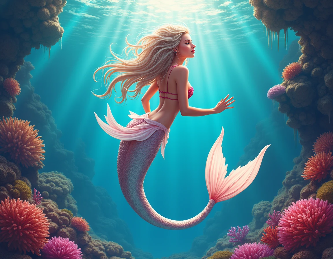 Create a (((sexy mermaid illustration))), drawn in a (((vivid, bright white and deep crimson color scheme))), with intricate details that capture the essence of a (fantastical underwater realm). The scene features a beautifully drawn (((mermaid figure))), with a flowing tail and fins that are detailed and contrasting against the crystal clear waters. The background is a colorful coral reef with vibrant colors that match the mermaid's elegant attire, creating a mesmerizing contrast between the delicate underwater beauty and the vibrant ocean backdrop.