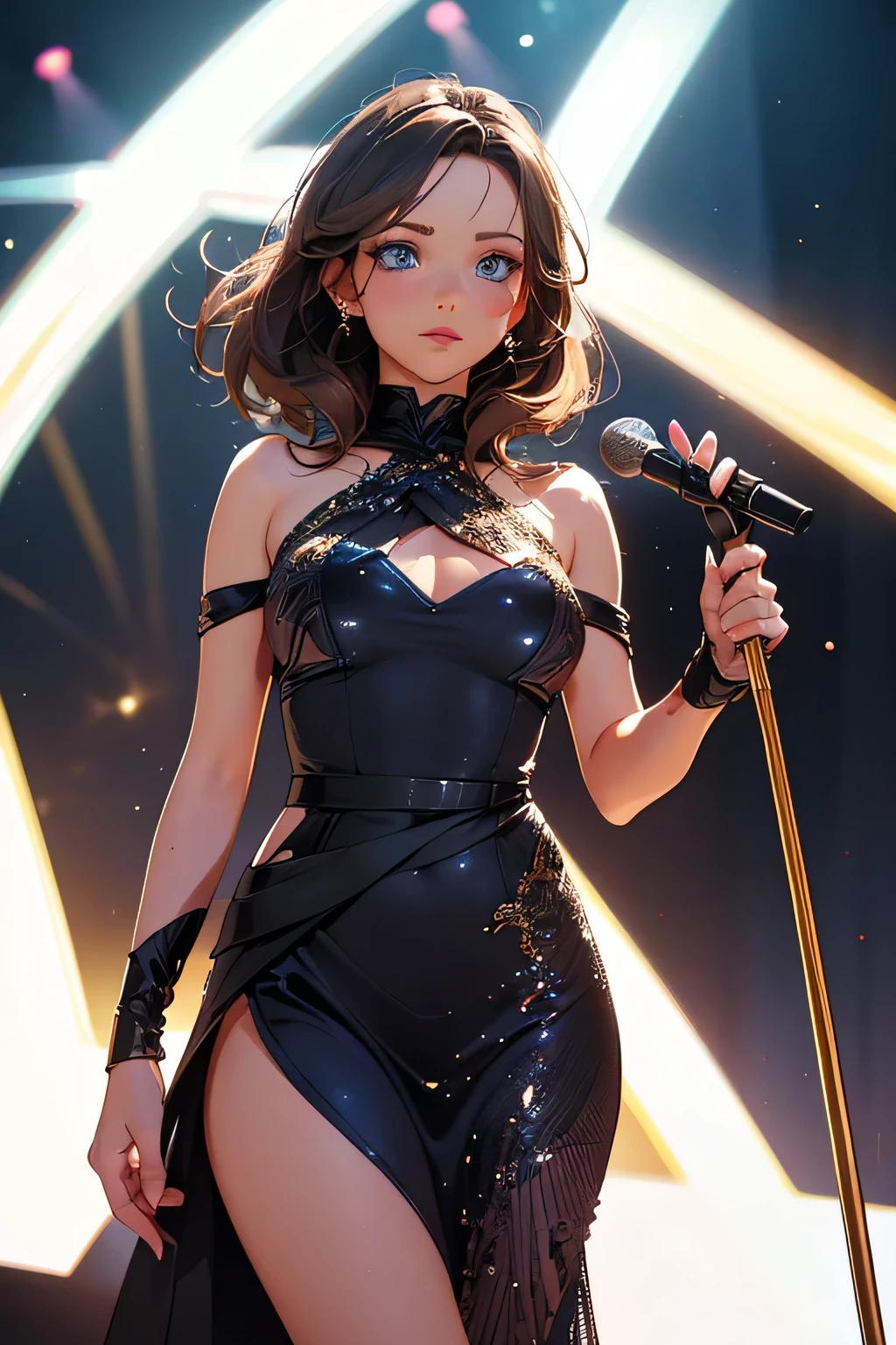  beautiful woman  . she is 29 years old . height 180 centimeters . Breast size 3 .  blue eyes  . brown-haired .   Awards ceremony  " Oscar  " . She is standing on stage at the microphone stand .  She was awarded a golden statuette  .  She is wearing a beautiful evening dress  .